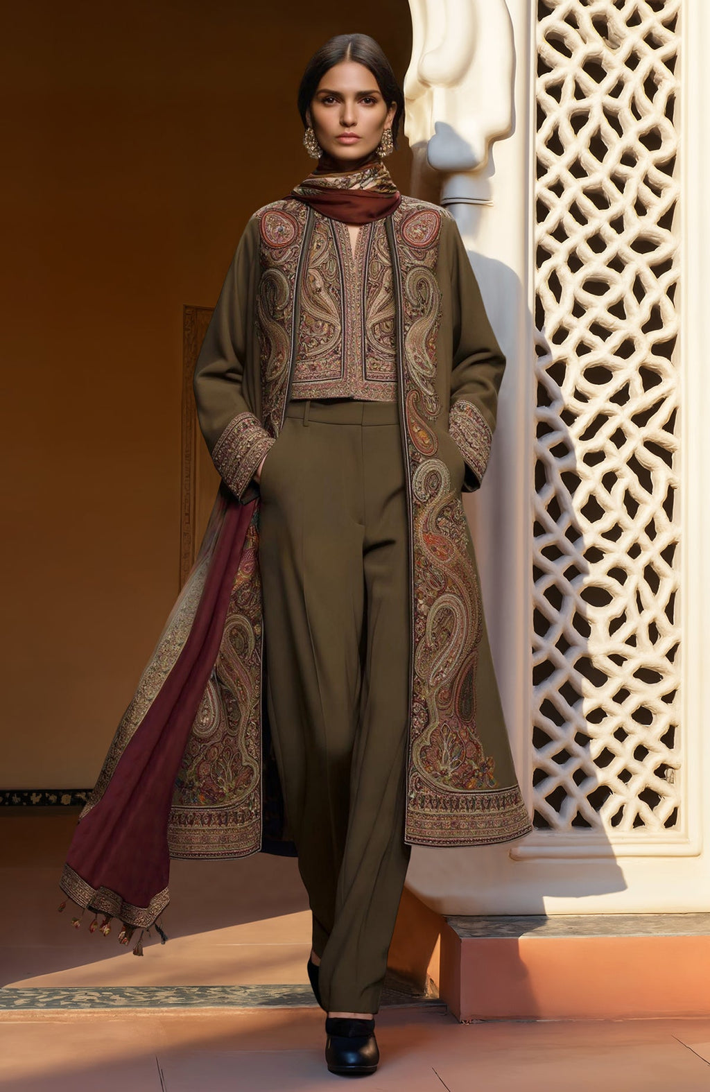 Olive paisley embroidered jacket set with cropped vest, wide trousers, and maroon scarf.