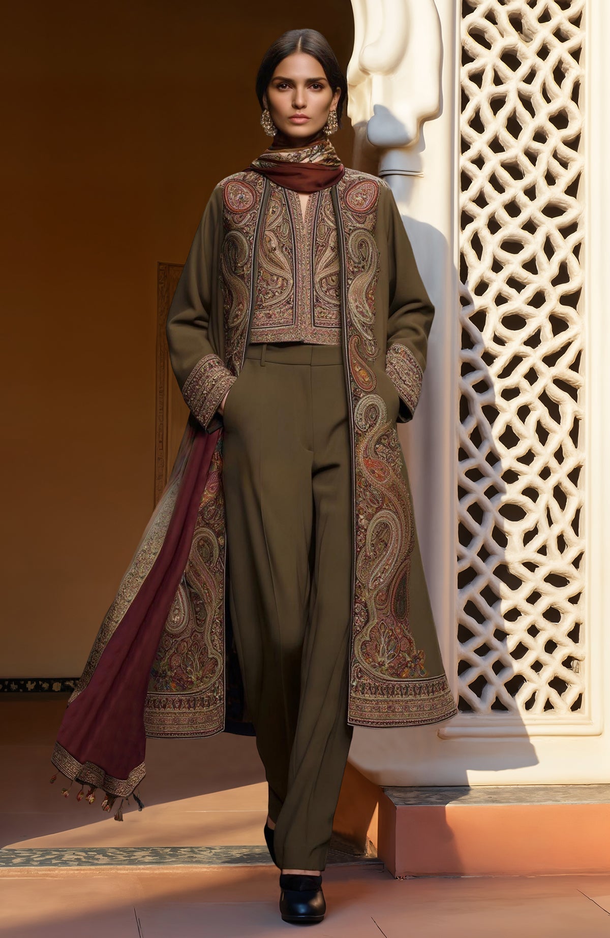 Olive paisley embroidered jacket set with cropped vest, wide trousers, and maroon scarf.
