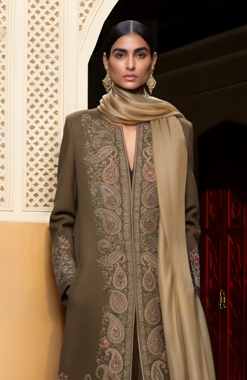 Olive long jacket with intricate paisley embroidery paired with a high-waisted wide-leg jumpsuit
