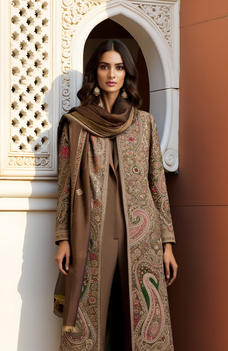 Taupe longline jacket with intricate paisley embroidery paired with matching wide-leg jumpsuit