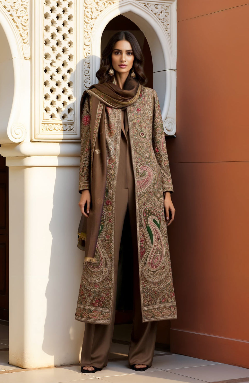 Taupe longline jacket with intricate paisley embroidery paired with matching wide-leg jumpsuit