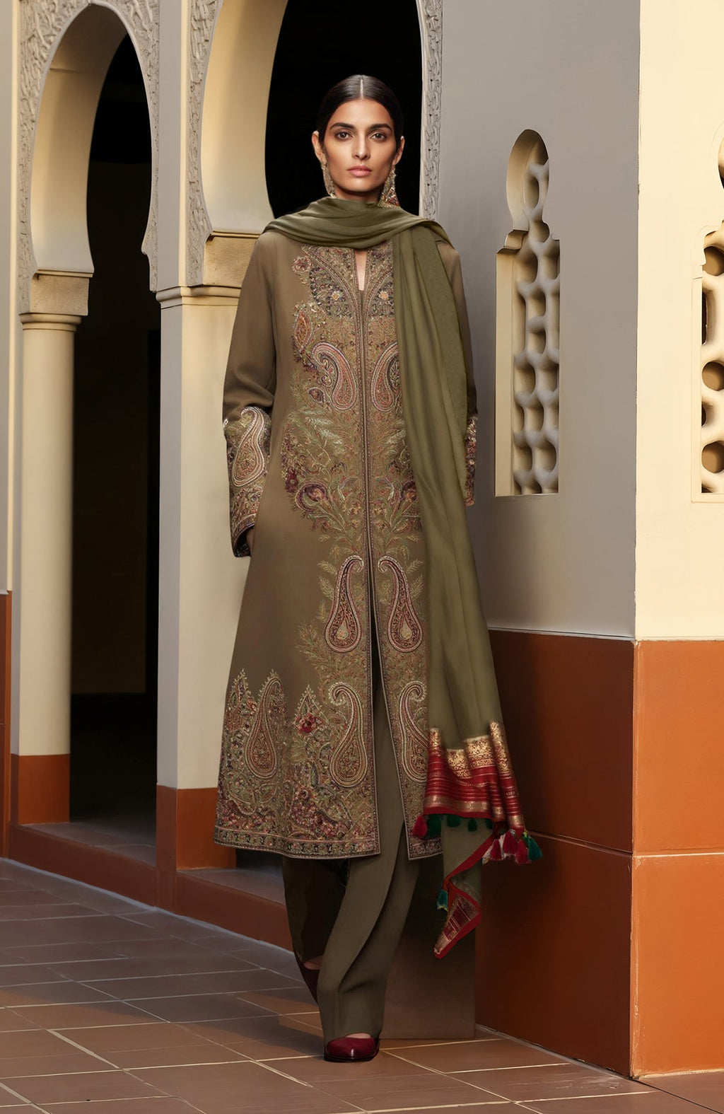 Long olive jacket with intricate gold and red paisley embroidery, paired with trousers and stole.