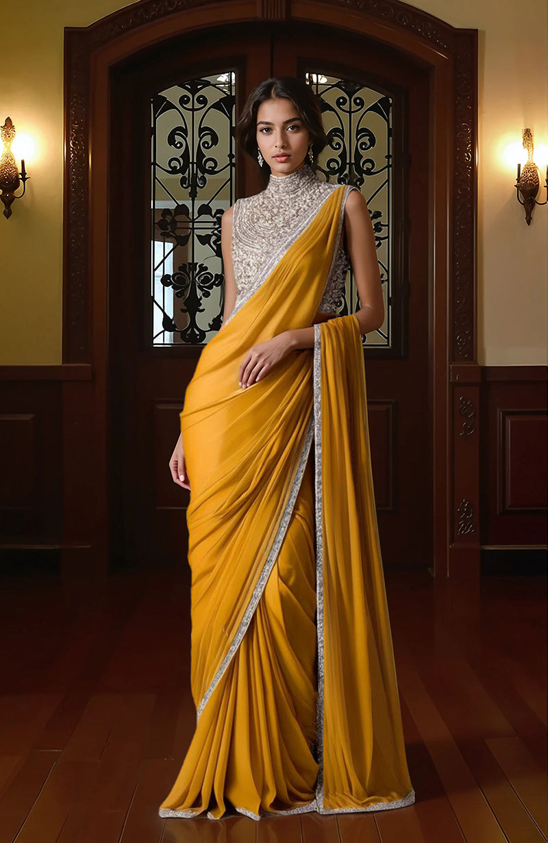 Mustard yellow saree with silver embroidered border and sleeveless high-neck blouse.