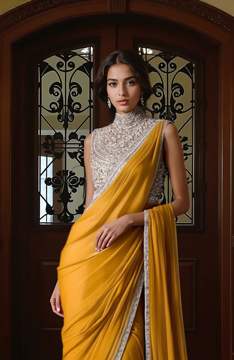 Mustard yellow saree with silver embroidered border and sleeveless high-neck embellished blouse.