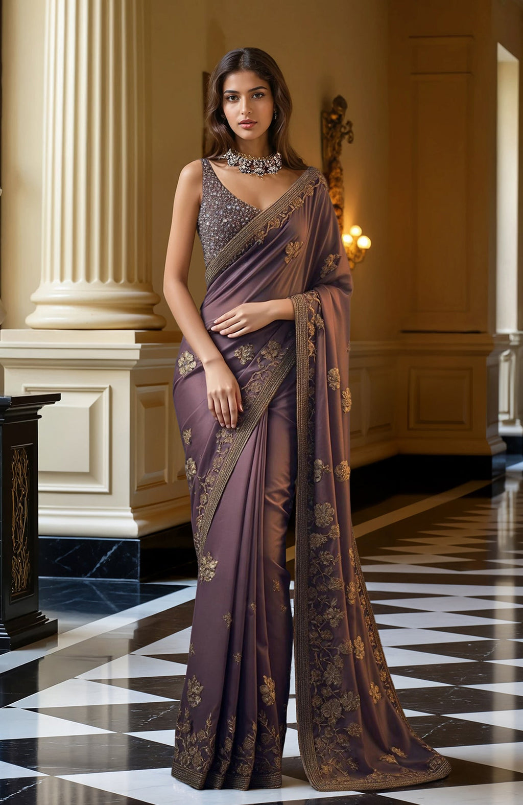 Deep mauve saree with intricate gold floral embroidery and a sleeveless sequined blouse.