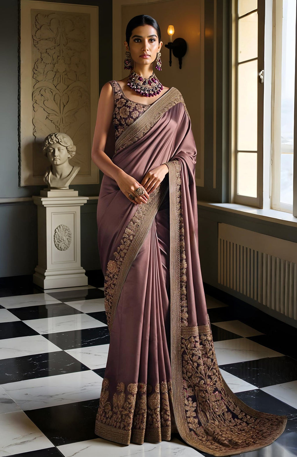 Deep mauve saree with gold floral embroidery and a sleeveless scoop neck blouse.