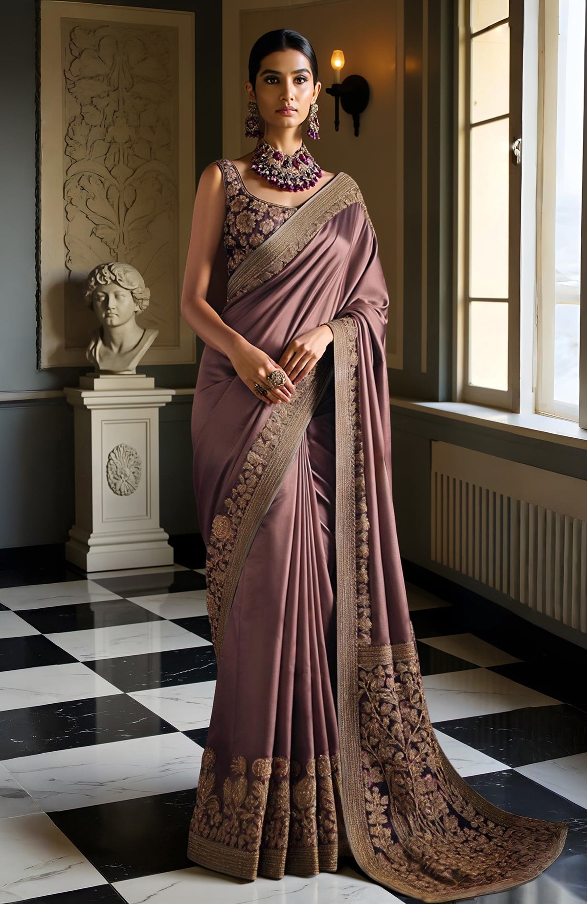 Deep mauve saree with gold floral embroidery and a sleeveless scoop neck blouse.