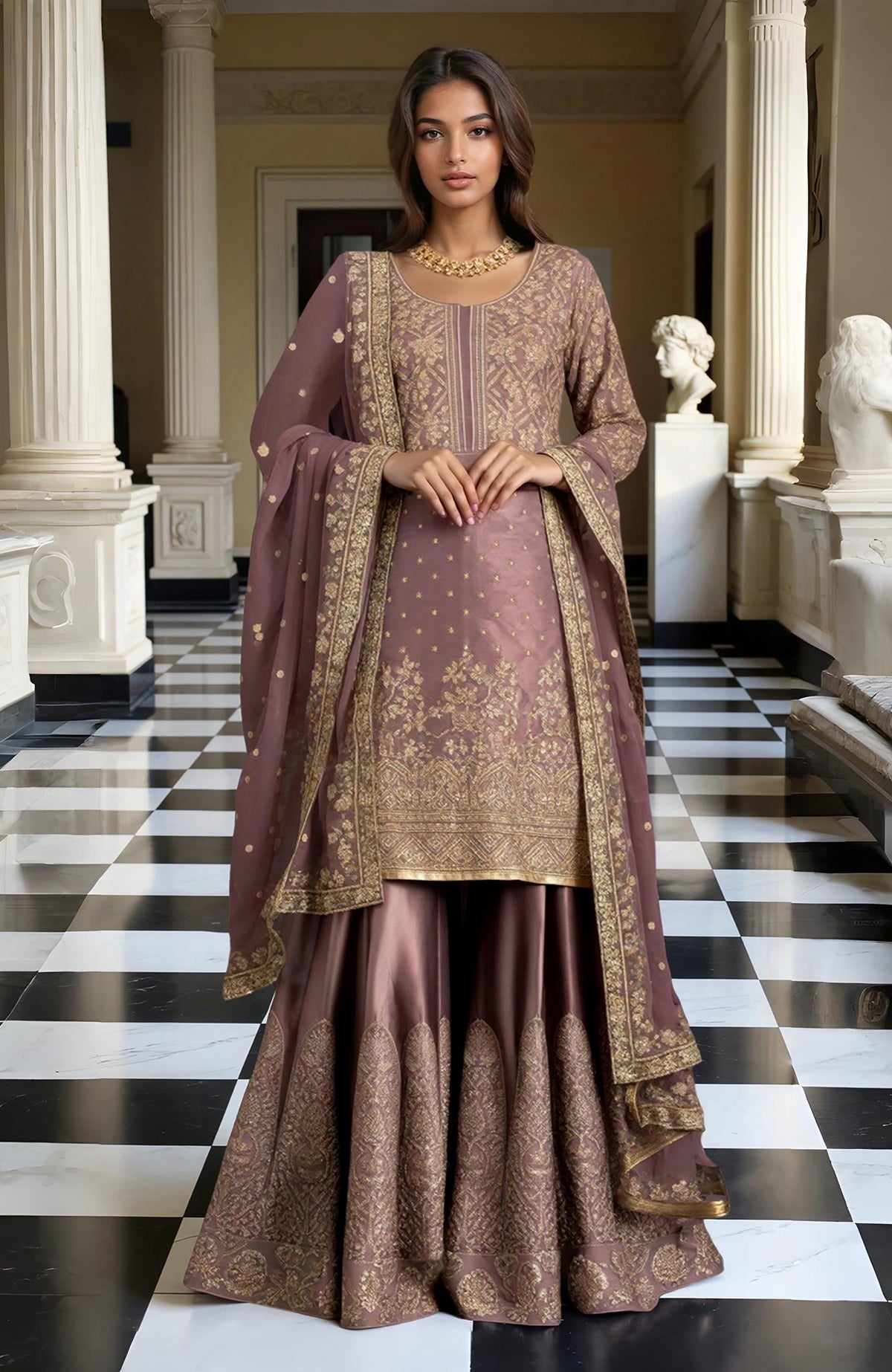 Dusty mauve gharara set with gold embroidery, short kurti, flared pants, and sheer dupatta.