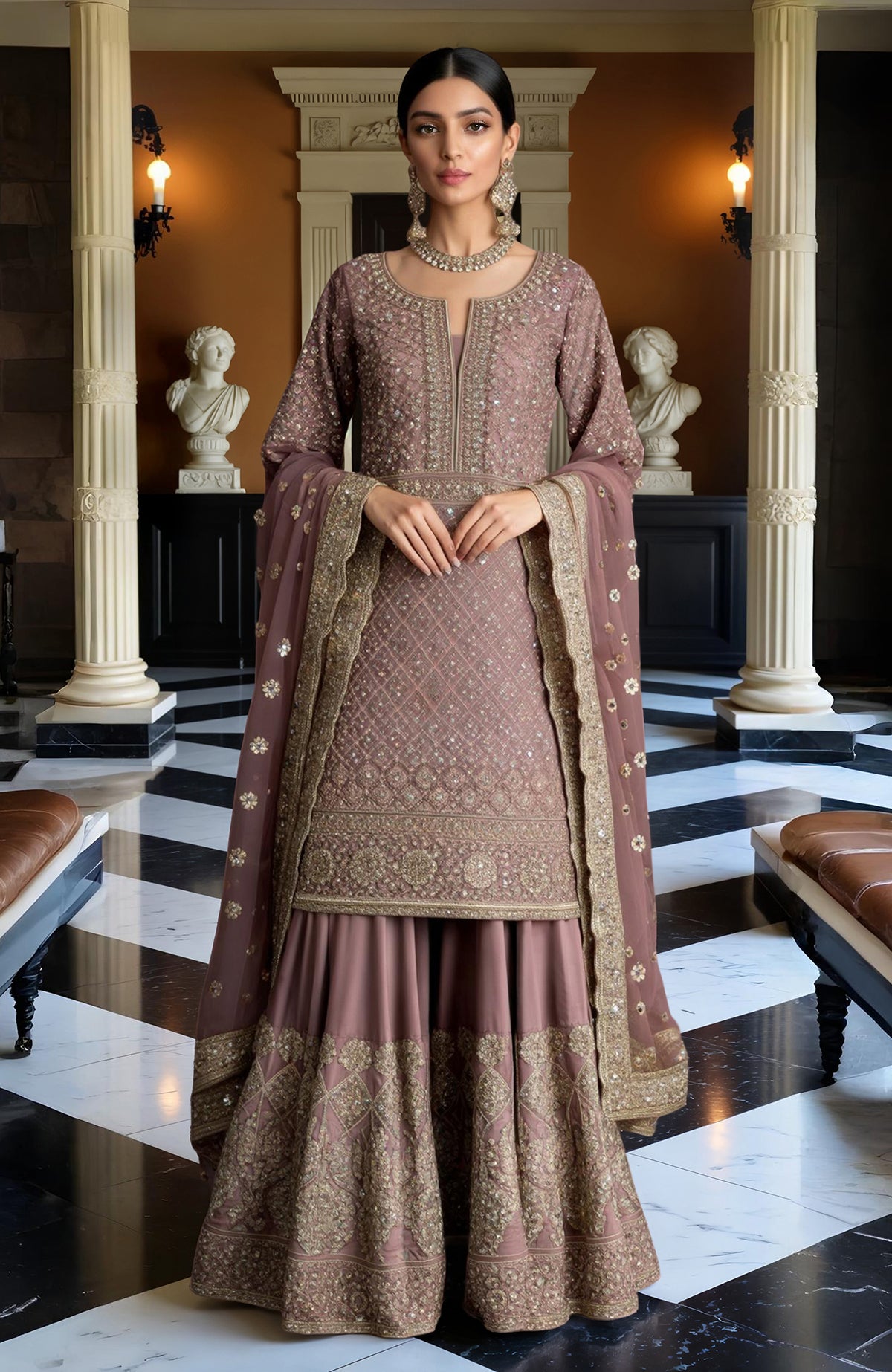 Dusty mauve sharara set with gold embroidery, featuring kurti, flared gharara pants, and dupatta.