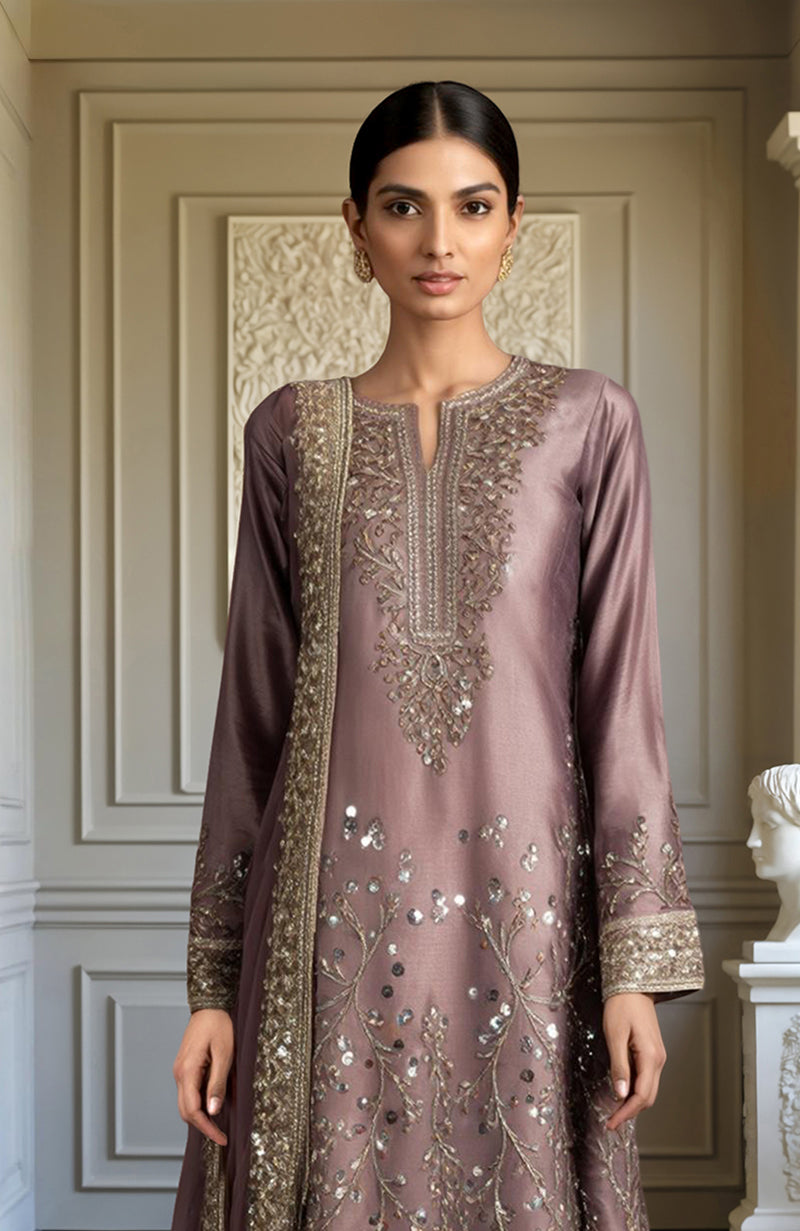 Muted mauve kurta set with gold floral embroidery, straight pants, and matching dupatta.