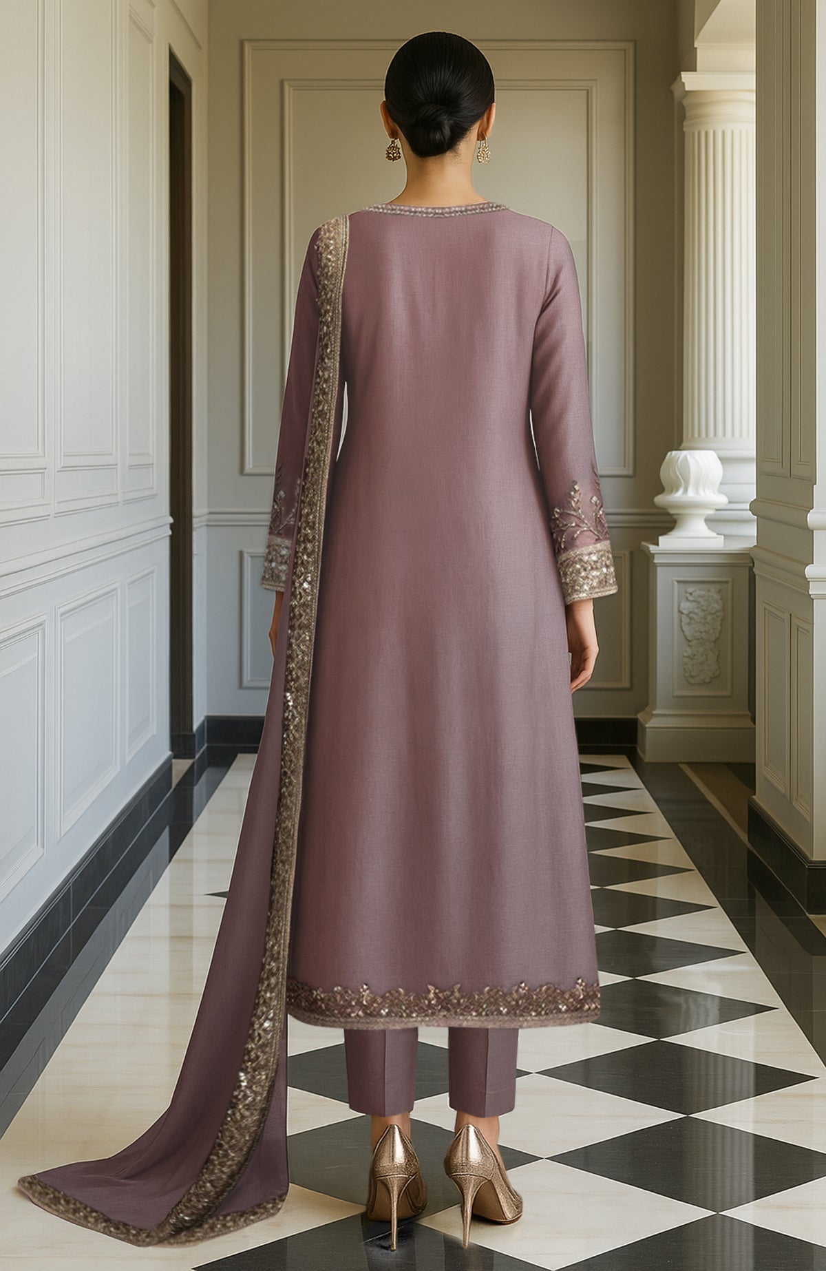 Muted mauve kurta set with gold floral embroidery, straight pants, and matching dupatta.