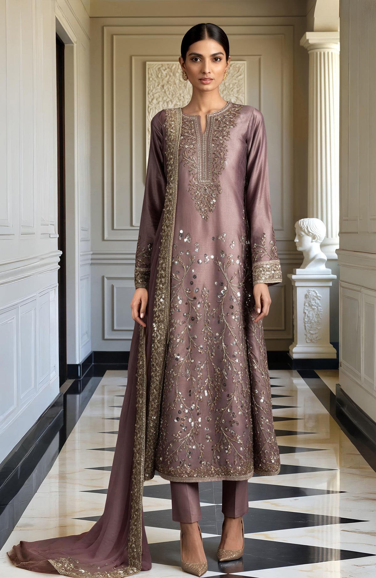 Muted mauve kurta set with gold floral embroidery, straight pants, and matching dupatta.