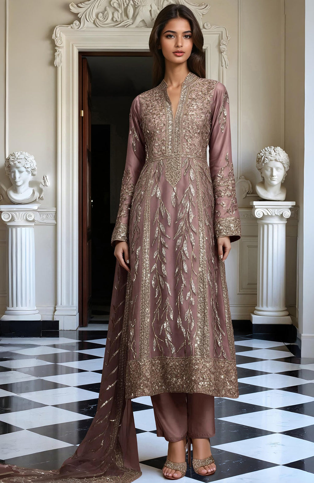 Muted mauve kurta set with gold floral embroidery, sheer sleeves, straight pants, and matching dupatta.