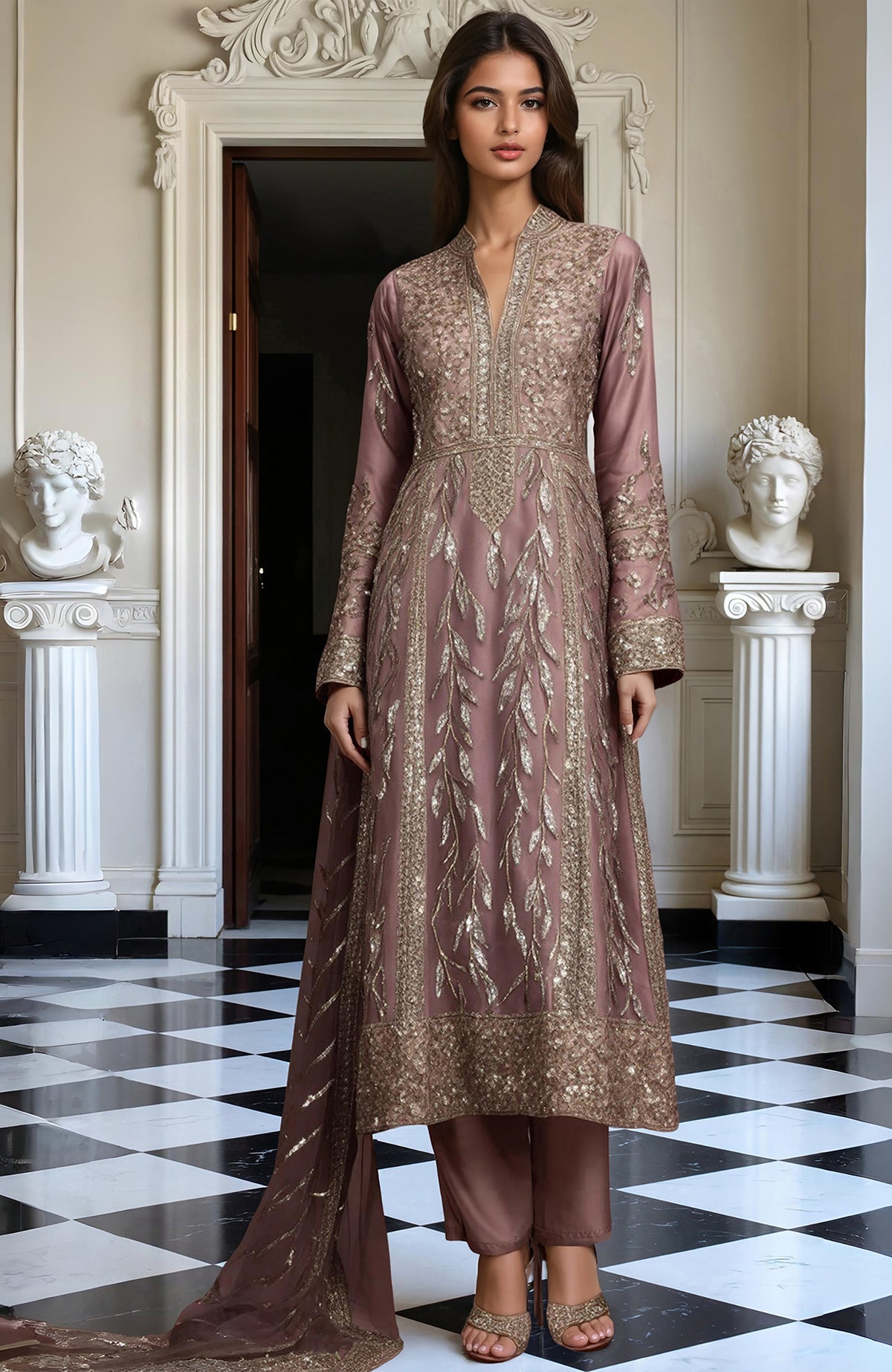 Muted mauve kurta set with gold floral embroidery, sheer sleeves, straight pants, and matching dupatta.