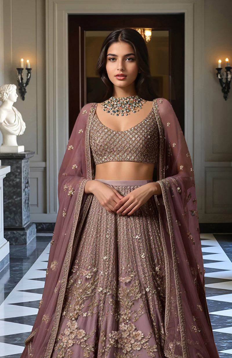 Dusty mauve lehenga set with gold floral embroidery, sleeveless blouse, and sheer dupatta.