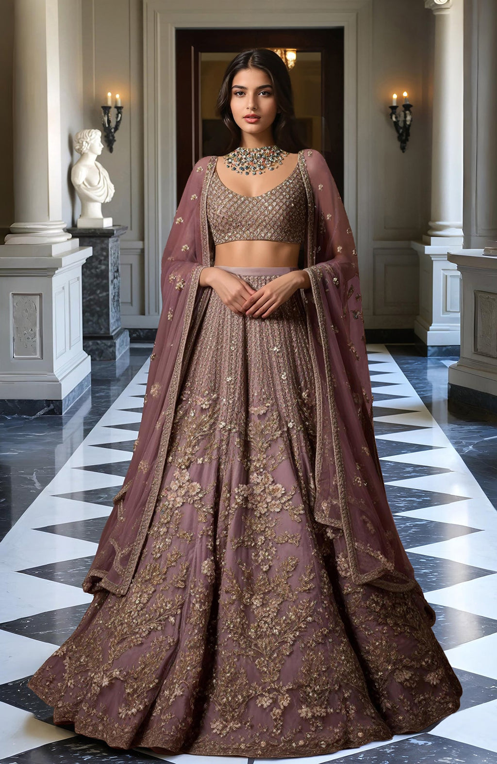 Dusty mauve lehenga set with gold floral embroidery, sleeveless blouse, and sheer dupatta.