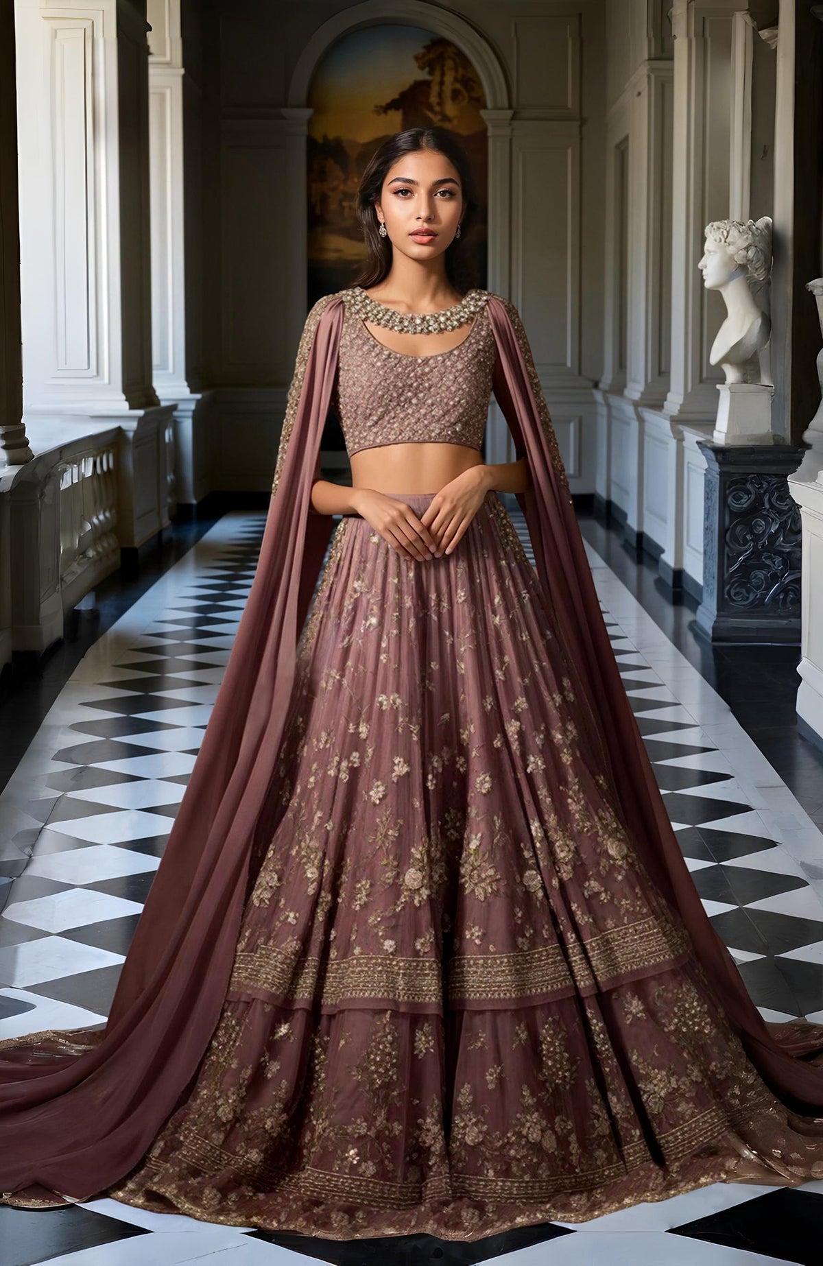 Deep mauve lehenga set with gold floral embroidery, sleeveless blouse, and flowing cape.