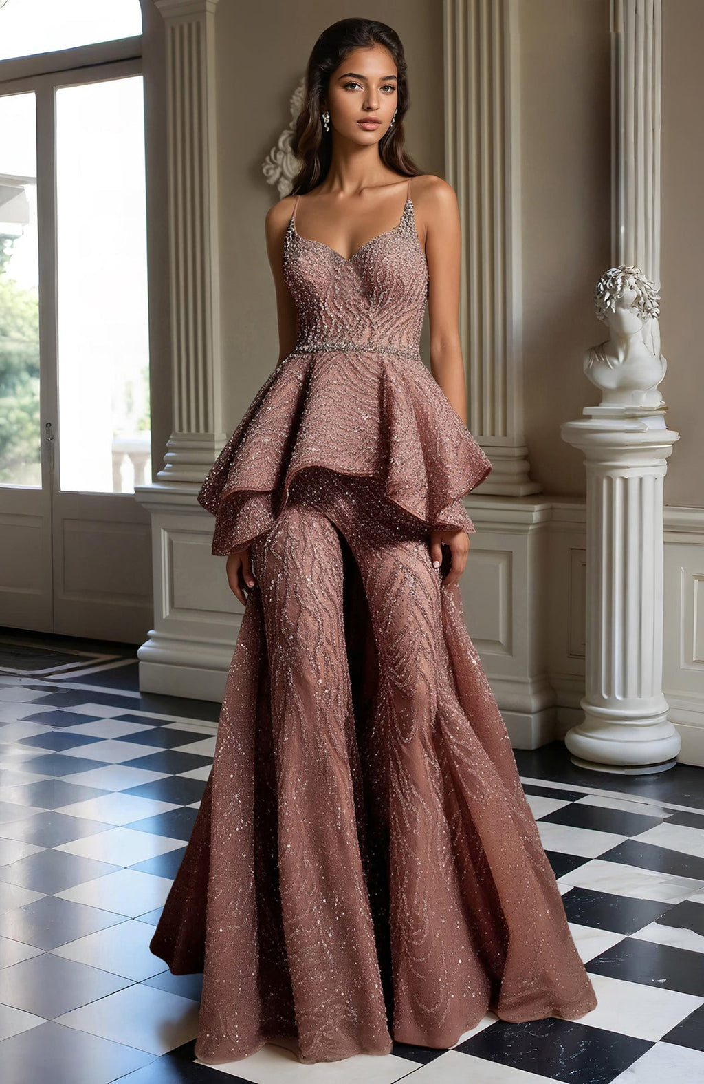 Regal rose gold 2-piece gown with embroidered bodice, peplum overlay, and wide-leg trousers