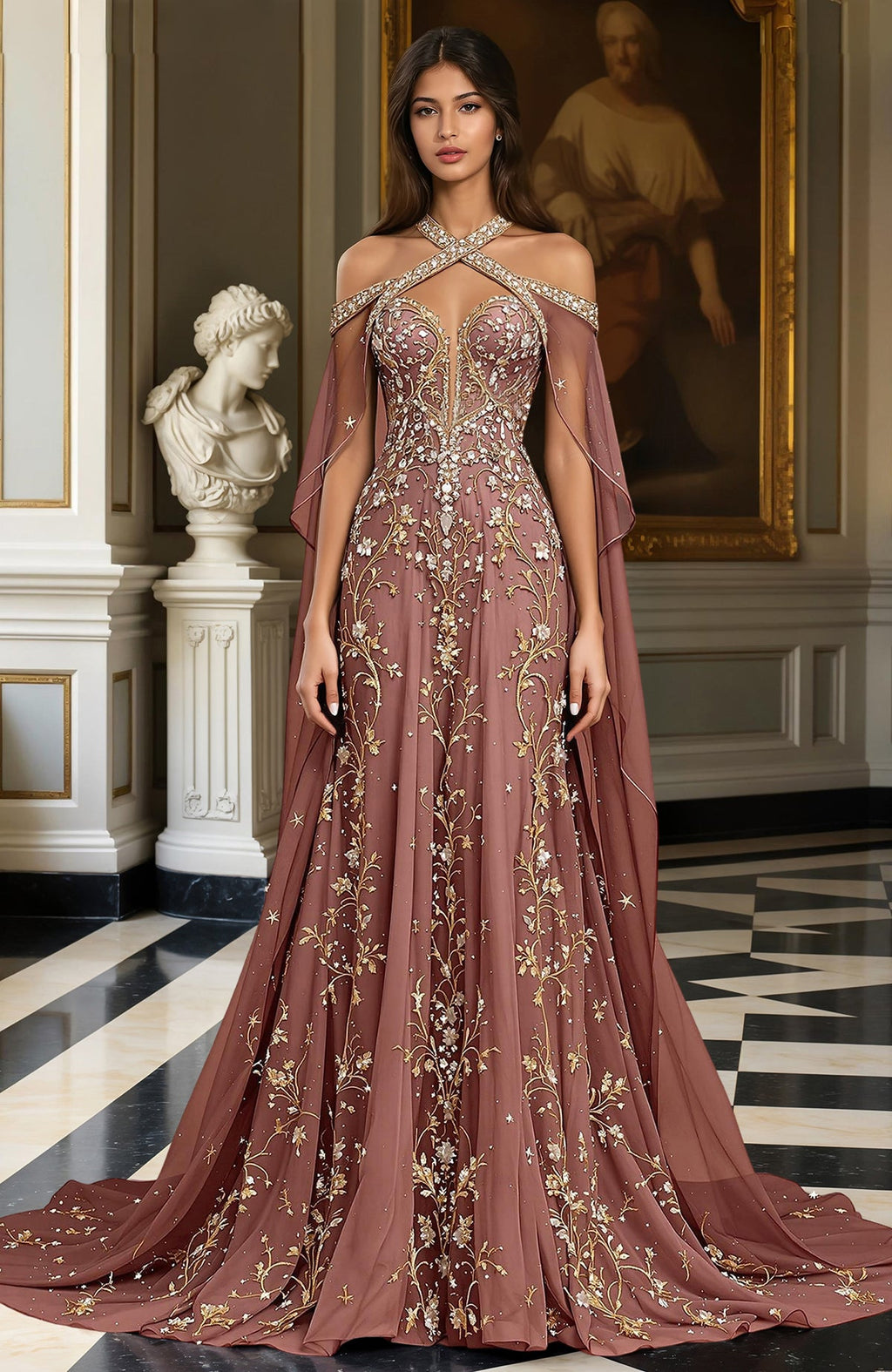 Dusty mauve floor-length gown with gold embroidery and sheer draped cape sleeves.