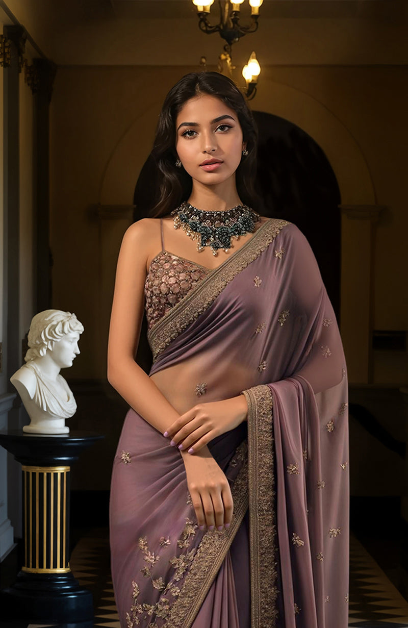 Deep mauve saree with gold floral embroidery and a sleeveless embroidered blouse with straps.