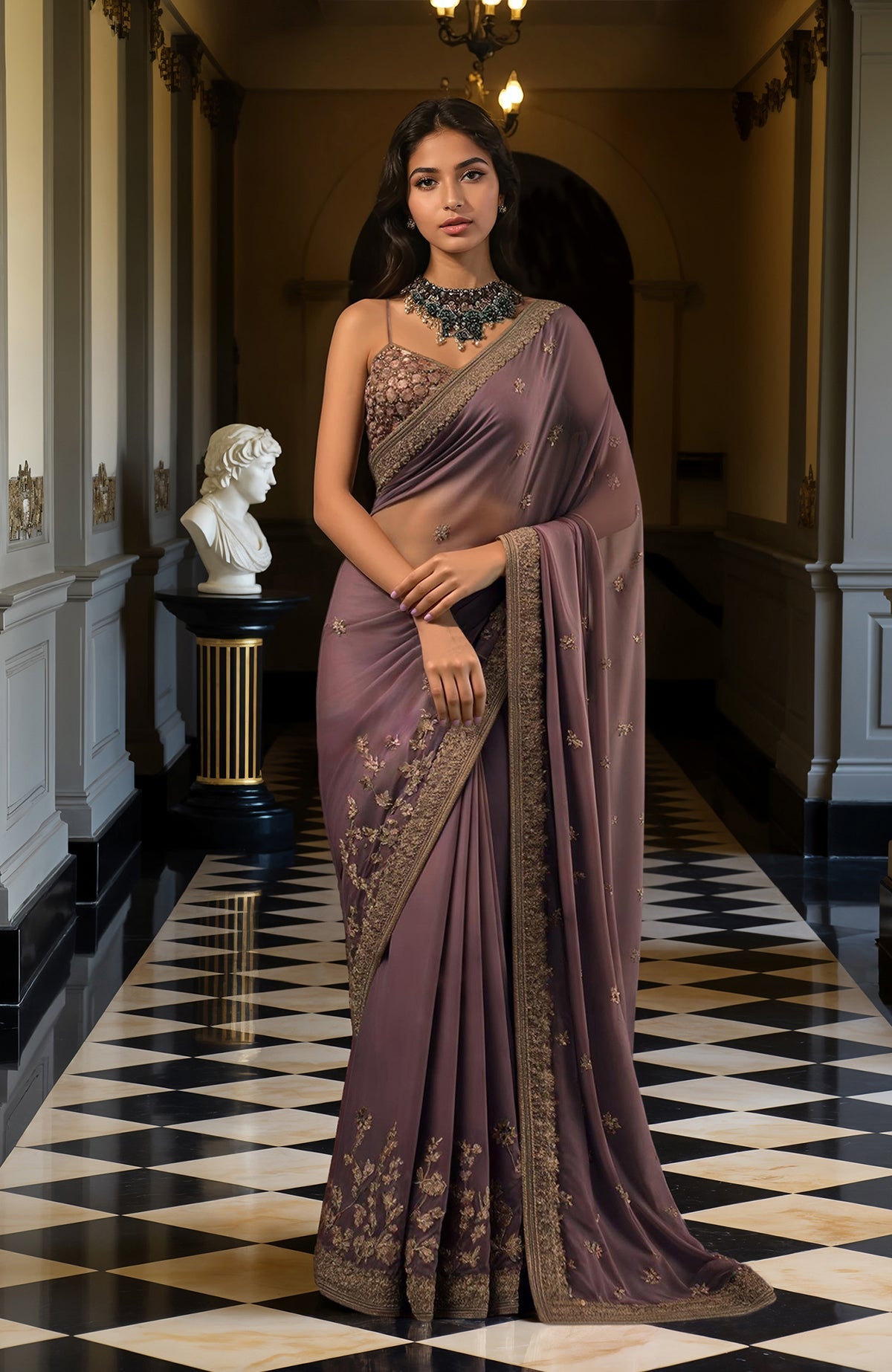 Deep mauve saree with gold floral embroidery and a sleeveless embroidered blouse with straps