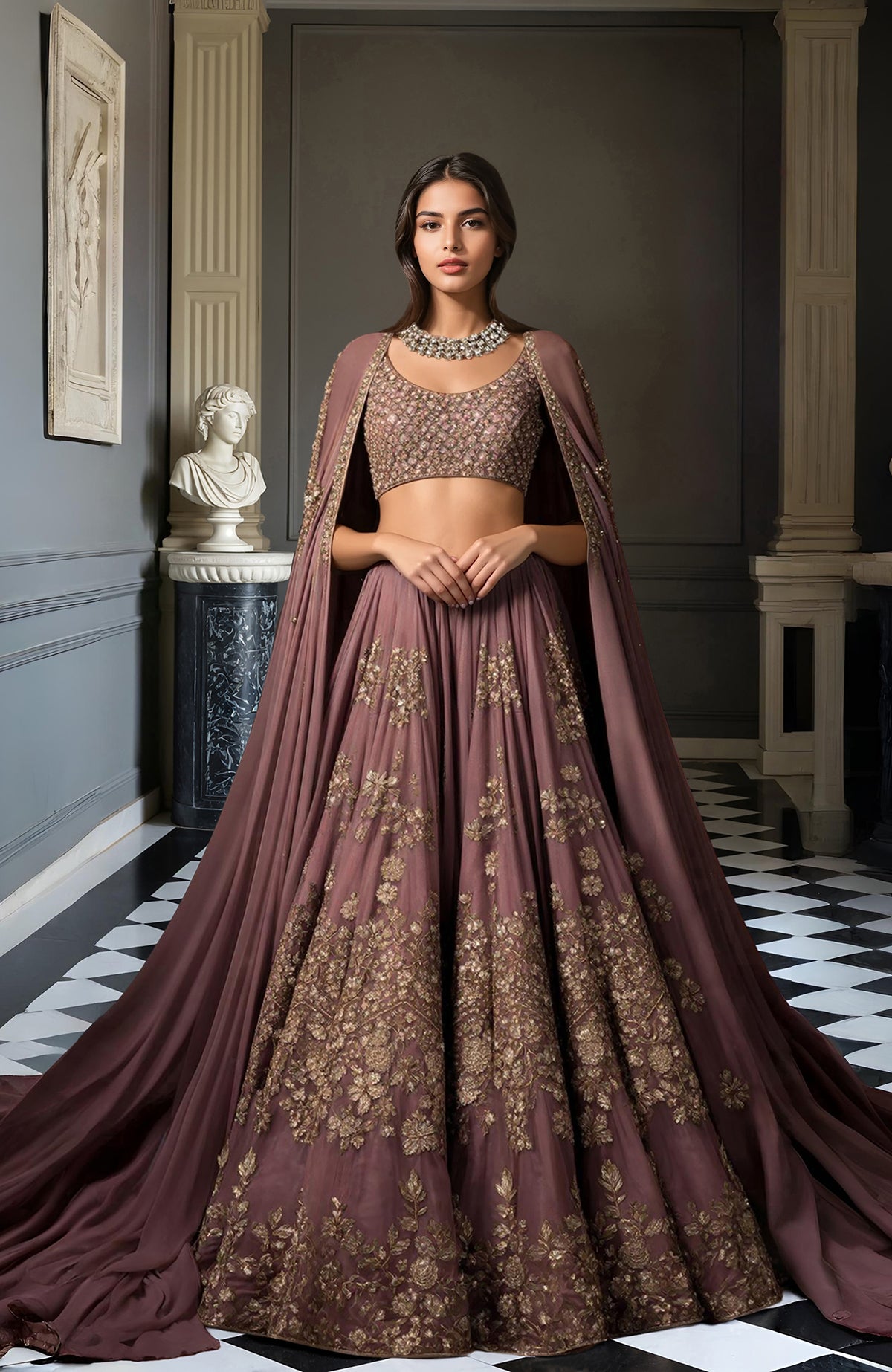 Deep mauve lehenga set with gold floral embroidery, cropped blouse, voluminous skirt, and flowing cape.