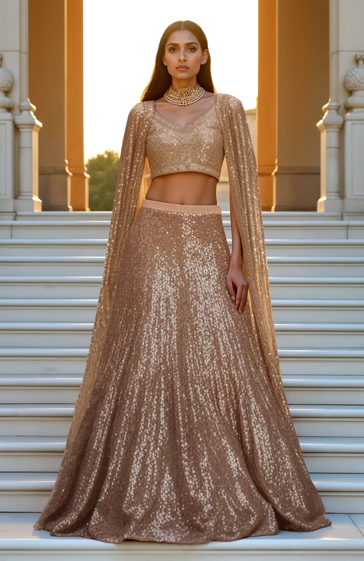 Champagne gold sequin lehenga set with cropped blouse and dramatic cape sleeves