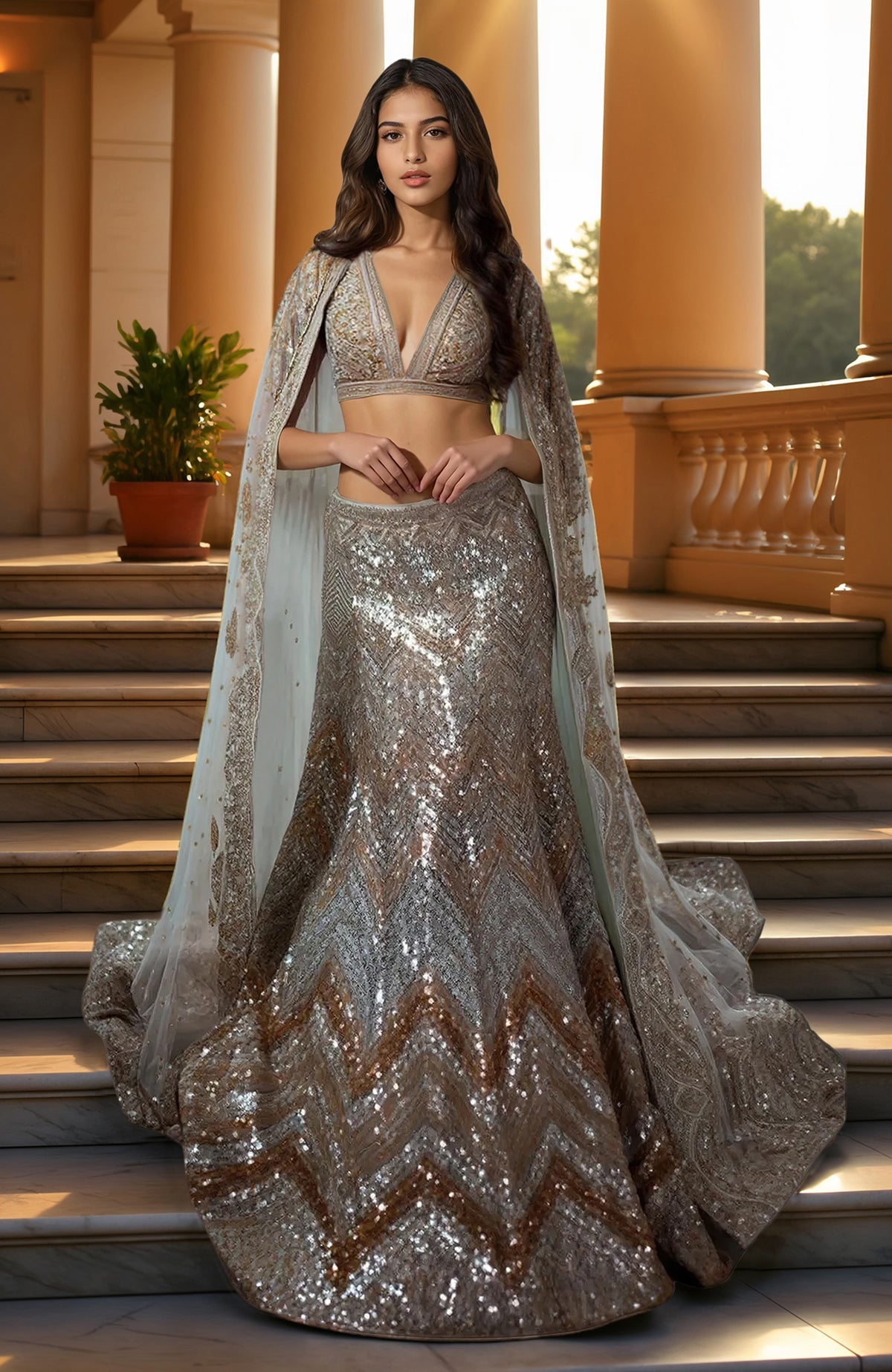 Silver and gold chevron sequin lehenga with plunging blouse and sheer embroidered cape.