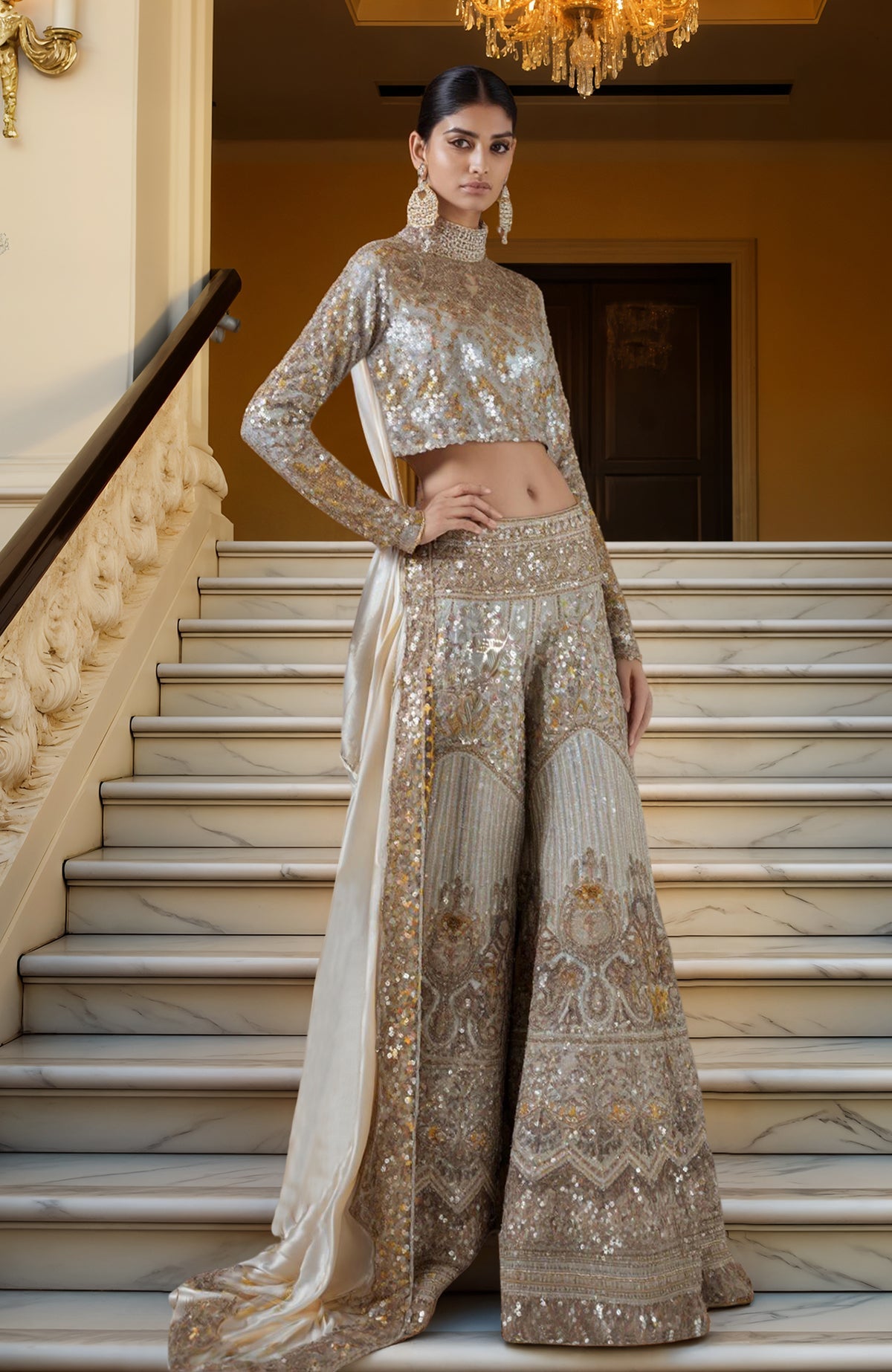 Silver and gold sequin high-neck crop top with embroidered sharara pants and satin dupatta set