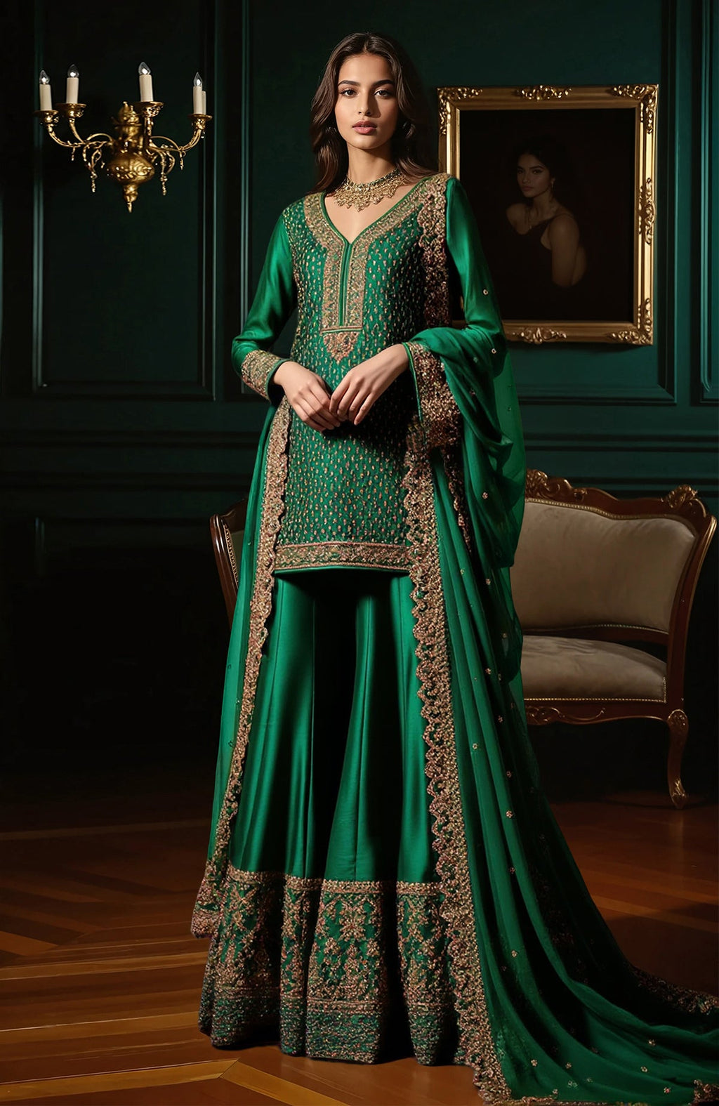 Emerald green sharara set with gold floral embroidery, scalloped edges, and sheer dupatta.