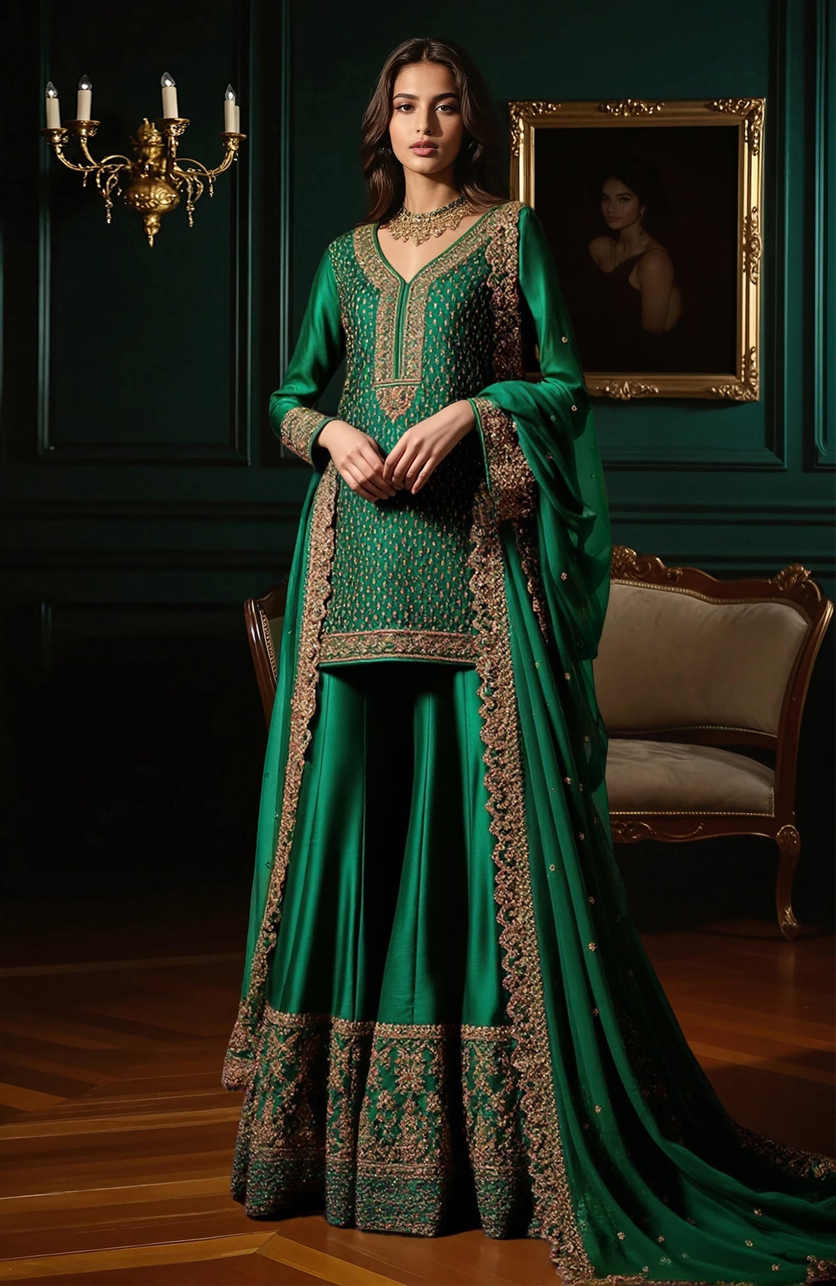 Emerald green sharara set with gold floral embroidery, scalloped edges, and sheer dupatta.