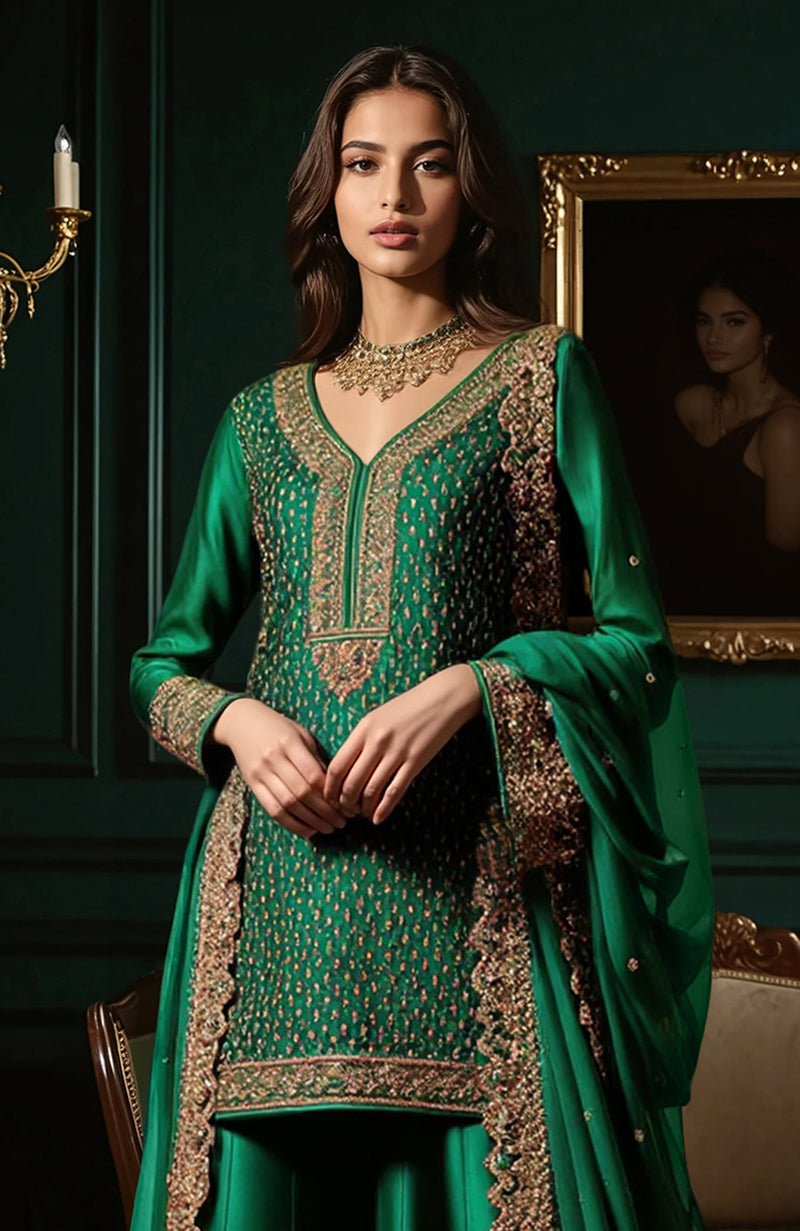 Emerald green sharara set with gold floral embroidery, scalloped edges, and sheer dupatta.