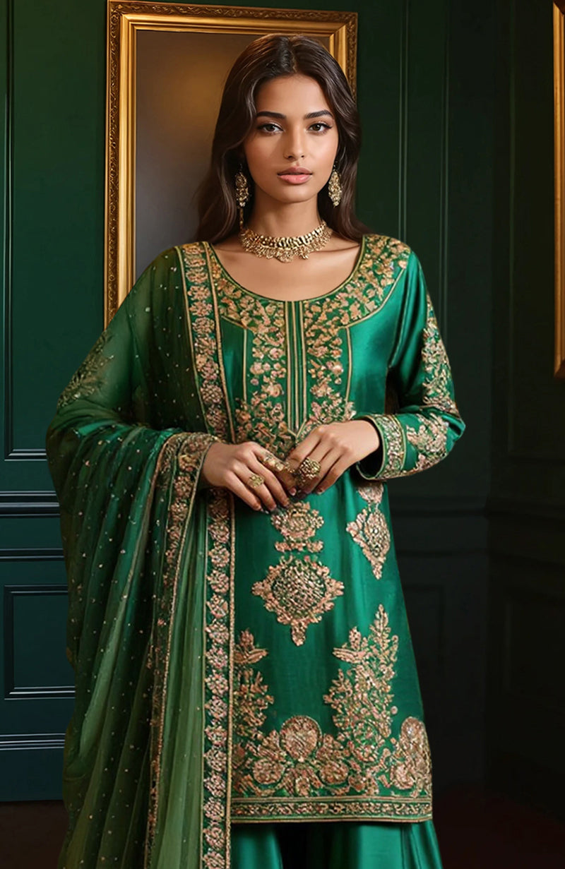 Emerald green gharara set with gold floral embroidery on tunic, wide pants, and sheer dupatta