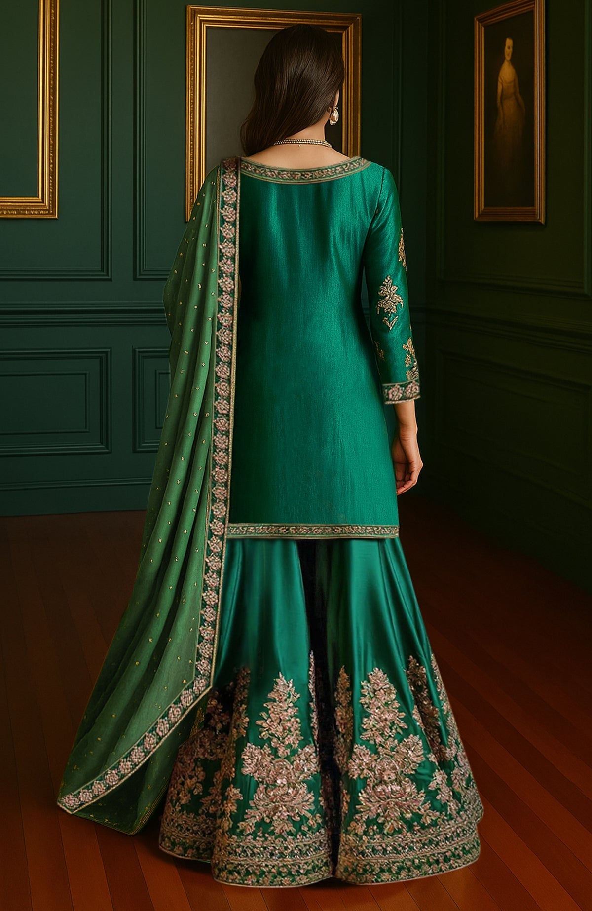 Emerald green gharara set with gold floral embroidery on kameez, sharara pants, and sheer dupatta