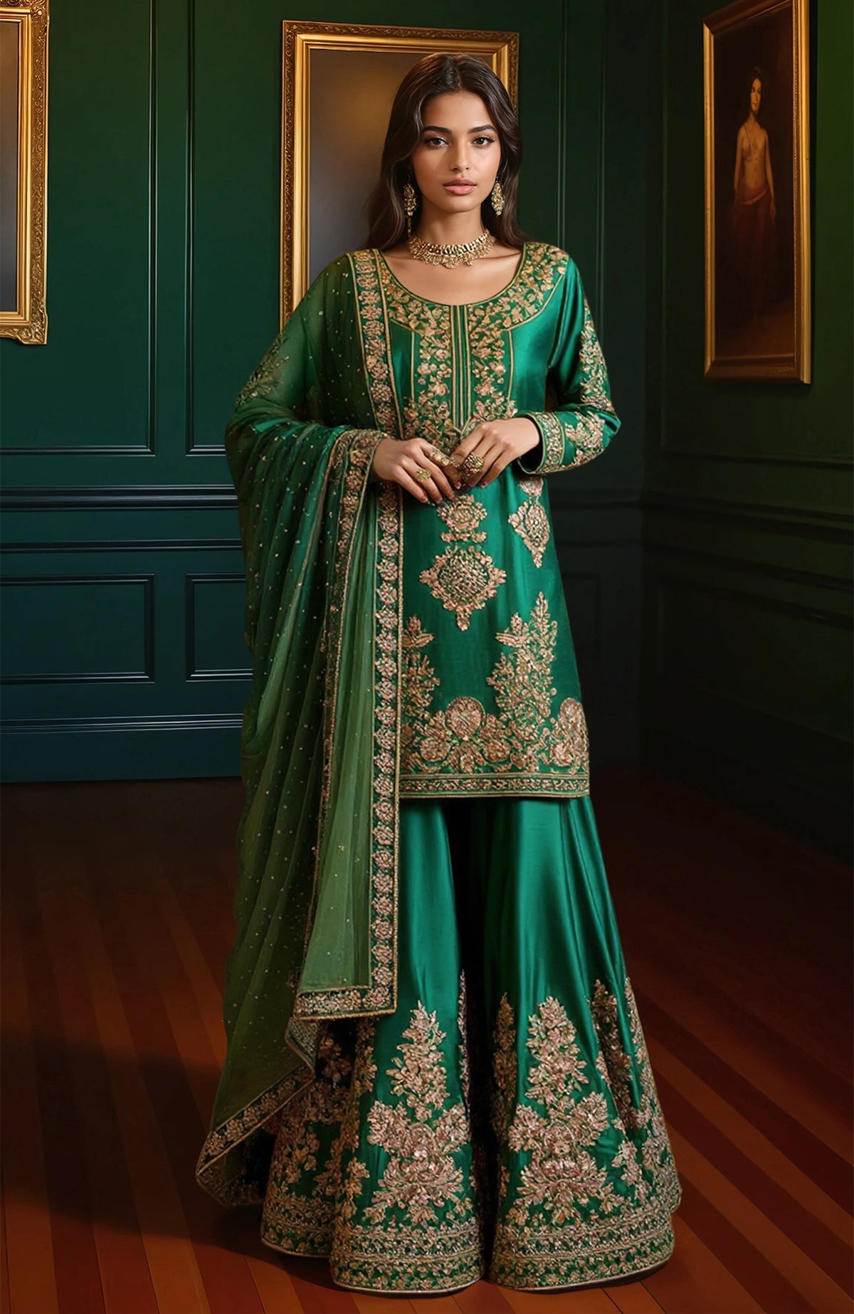 Emerald green gharara set with gold floral embroidery on tunic, pants, and sheer dupatta.