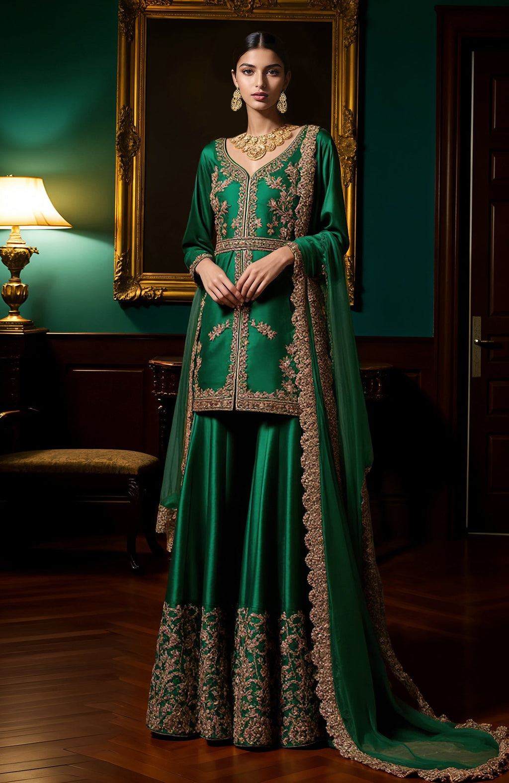 Emerald green sharara set with gold floral embroidery, structured jacket, wide pants, and sheer dupatta.