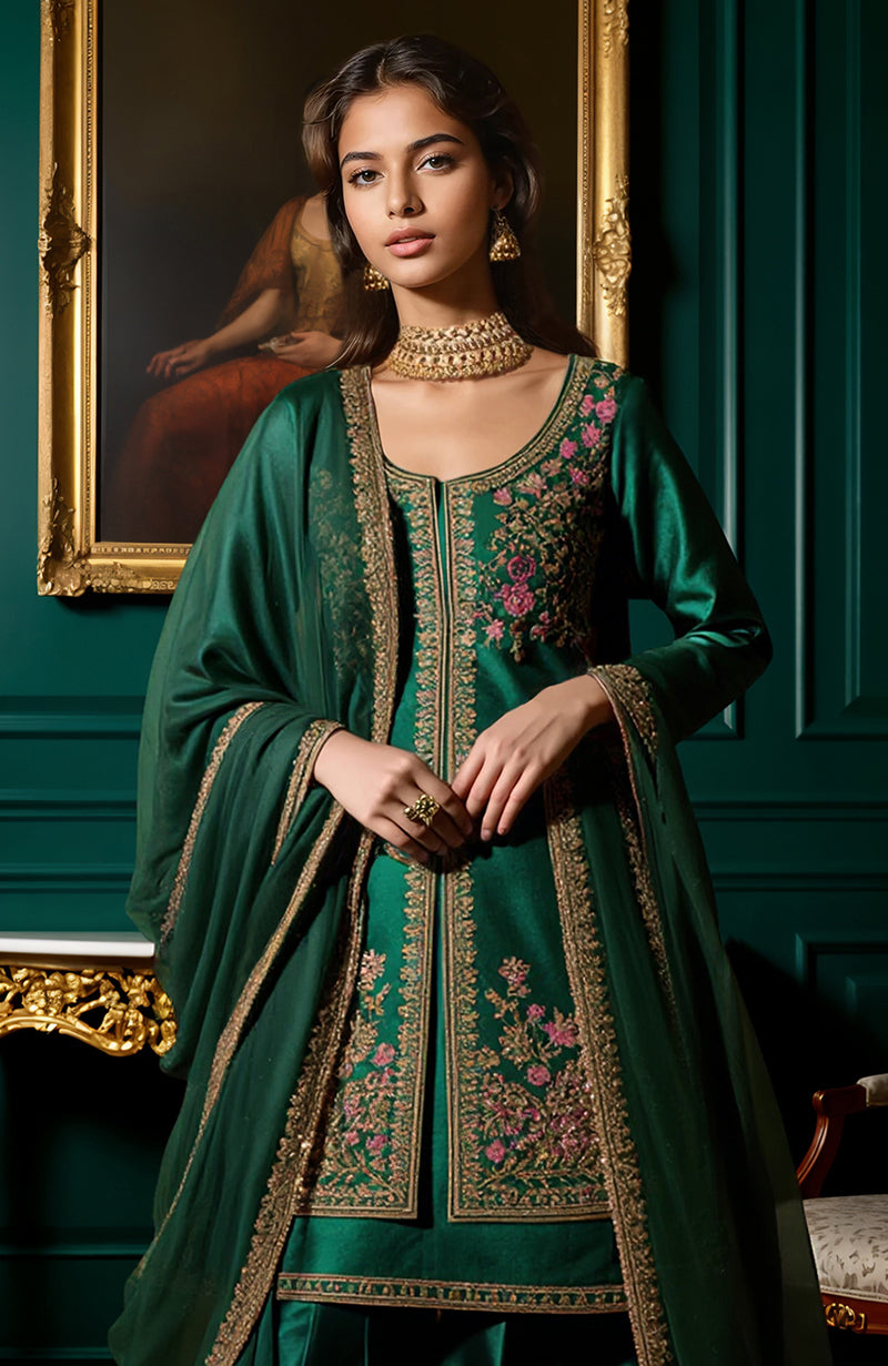 Emerald green gharara set with gold and pink floral embroidery on tunic, pants, and sheer dupatta
