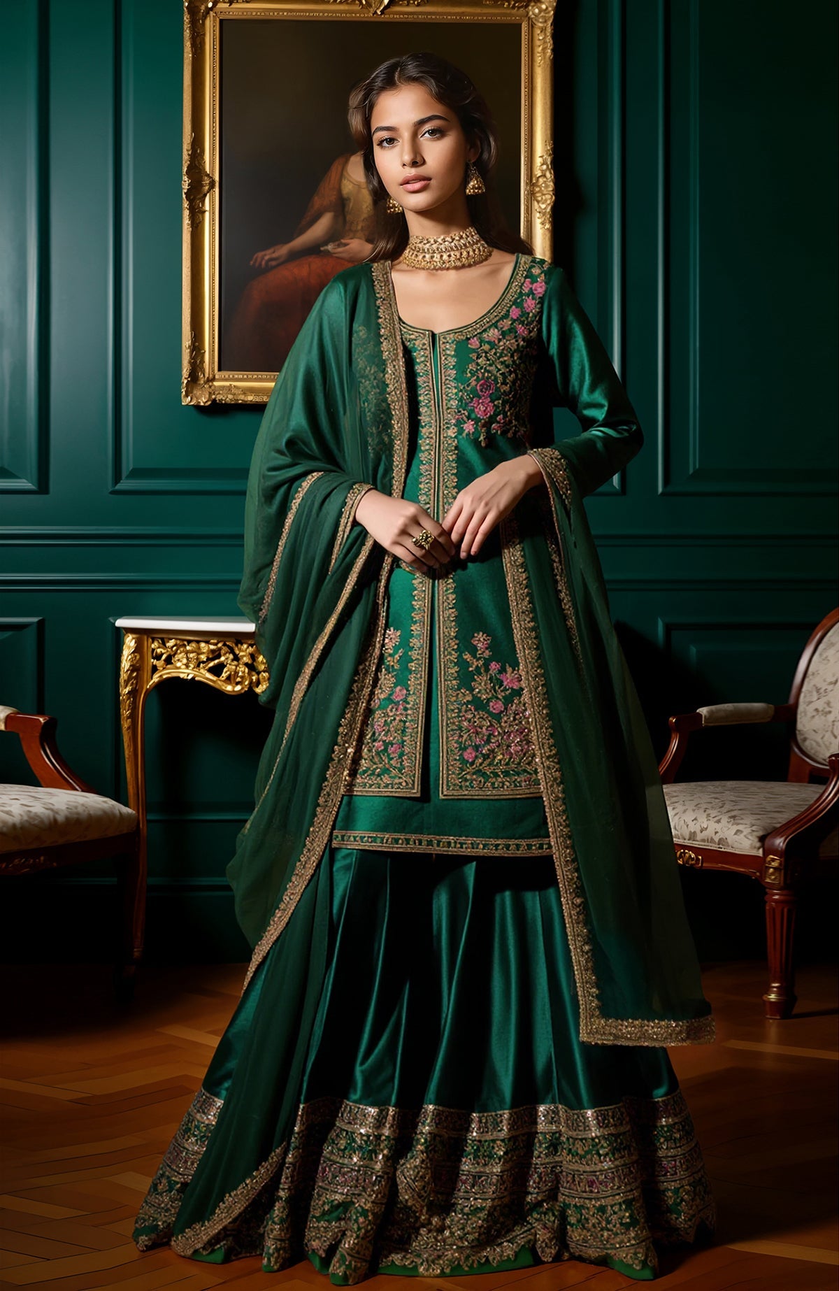 Emerald green gharara set with gold and pink floral embroidery and sheer dupatta with gold details