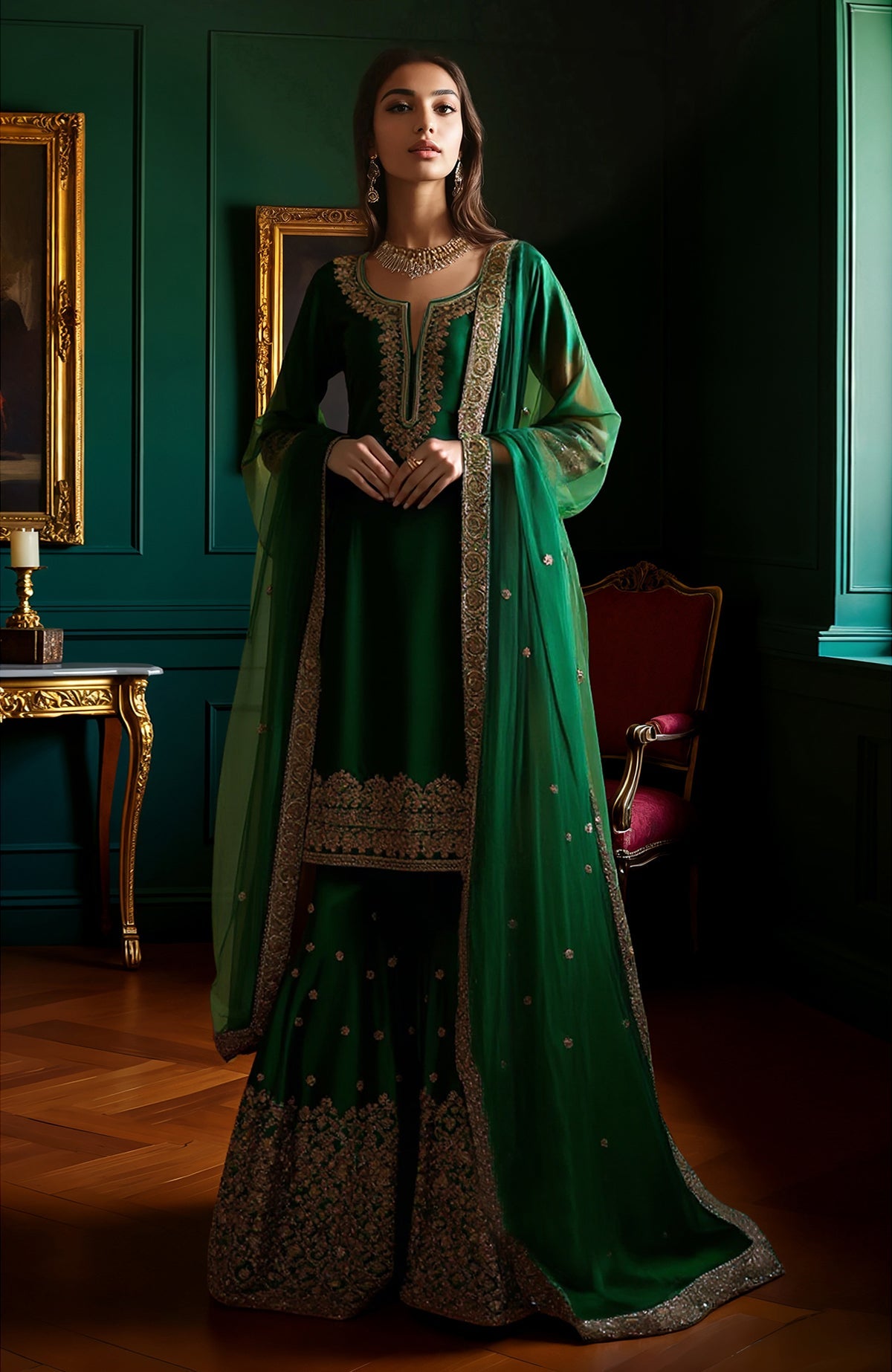 Emerald green gharara set with gold embroidery on tunic, pants, and sheer dupatta.