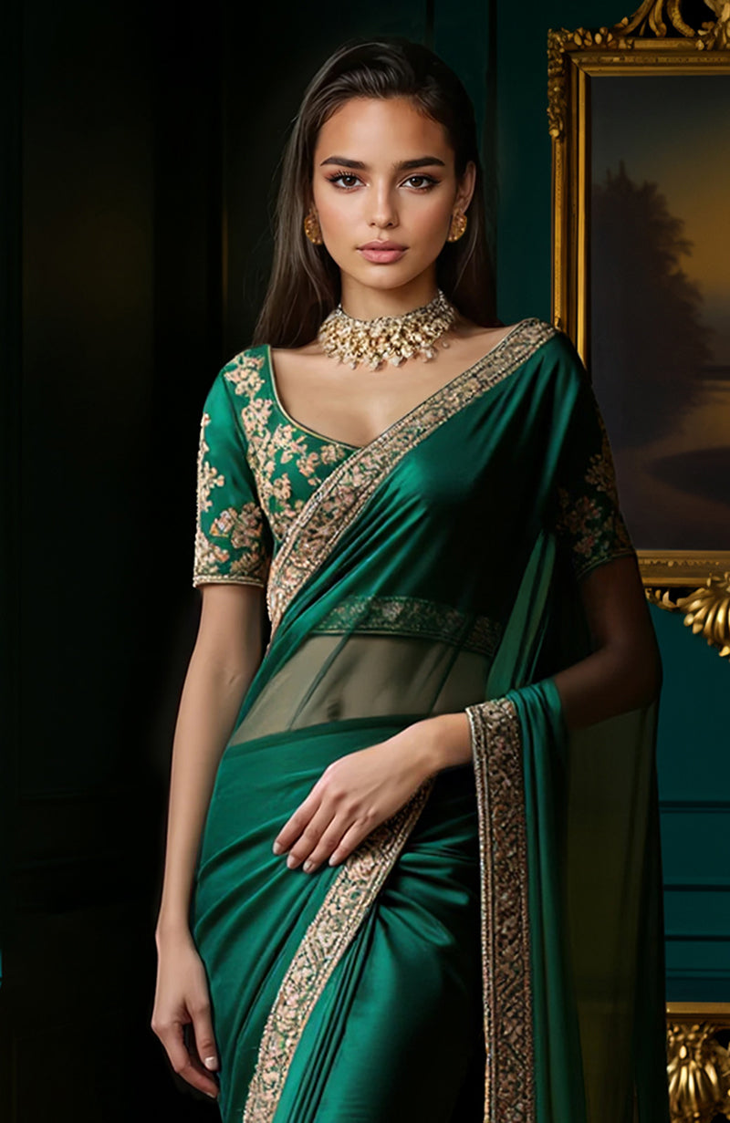 Deep emerald green silk saree with gold floral embroidery and matching blouse with gold details