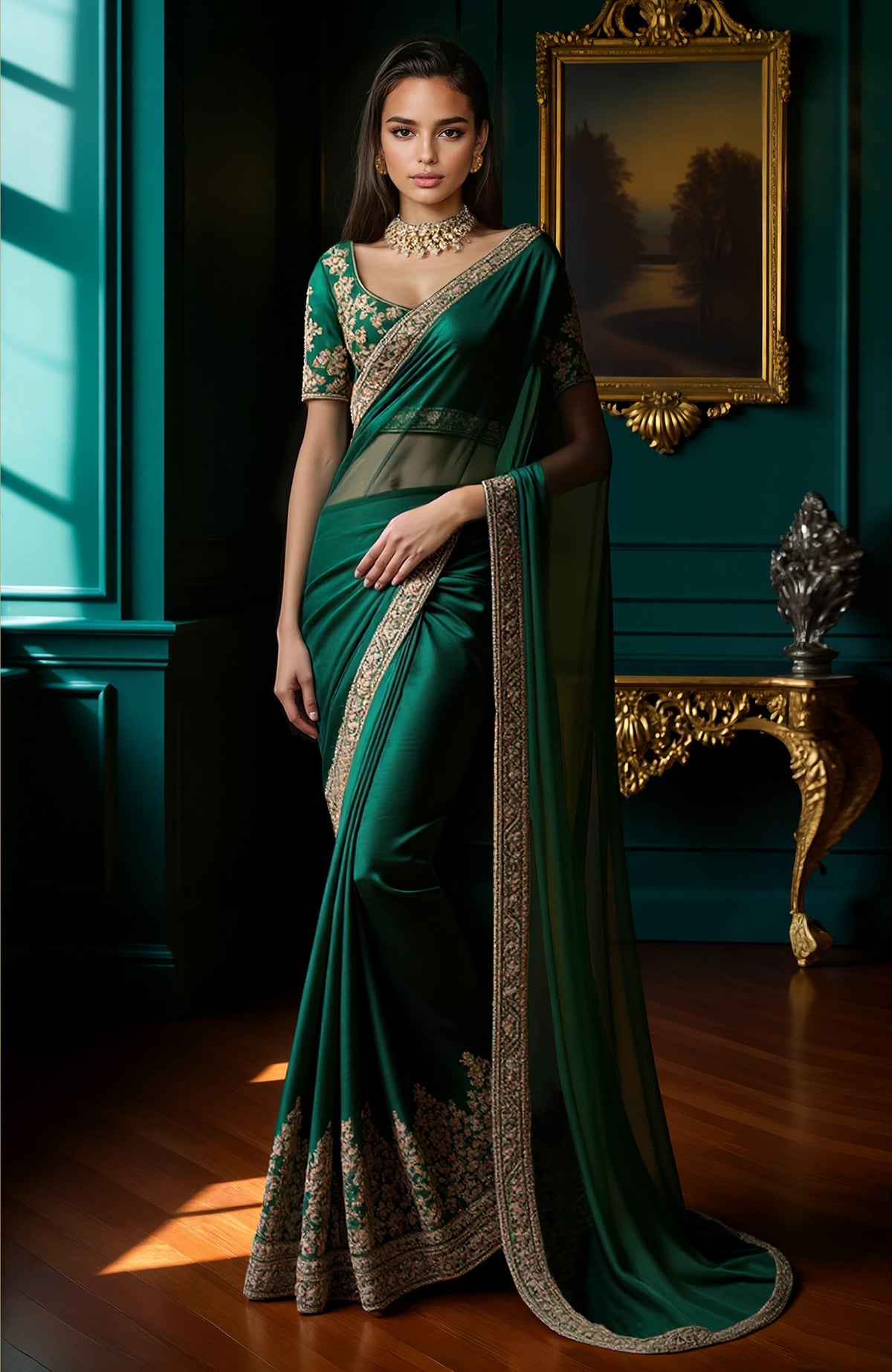 Deep emerald green silk saree with gold floral embroidery and matching blouse with gold accents