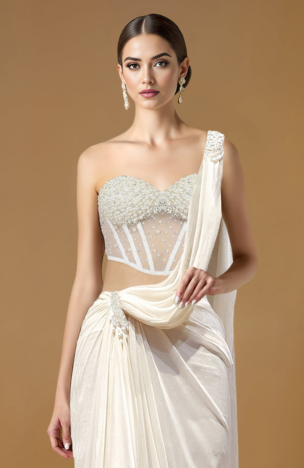 Ivory draped saree with pearl-embellished corset blouse featuring a sweetheart neckline and one-shoulder detail