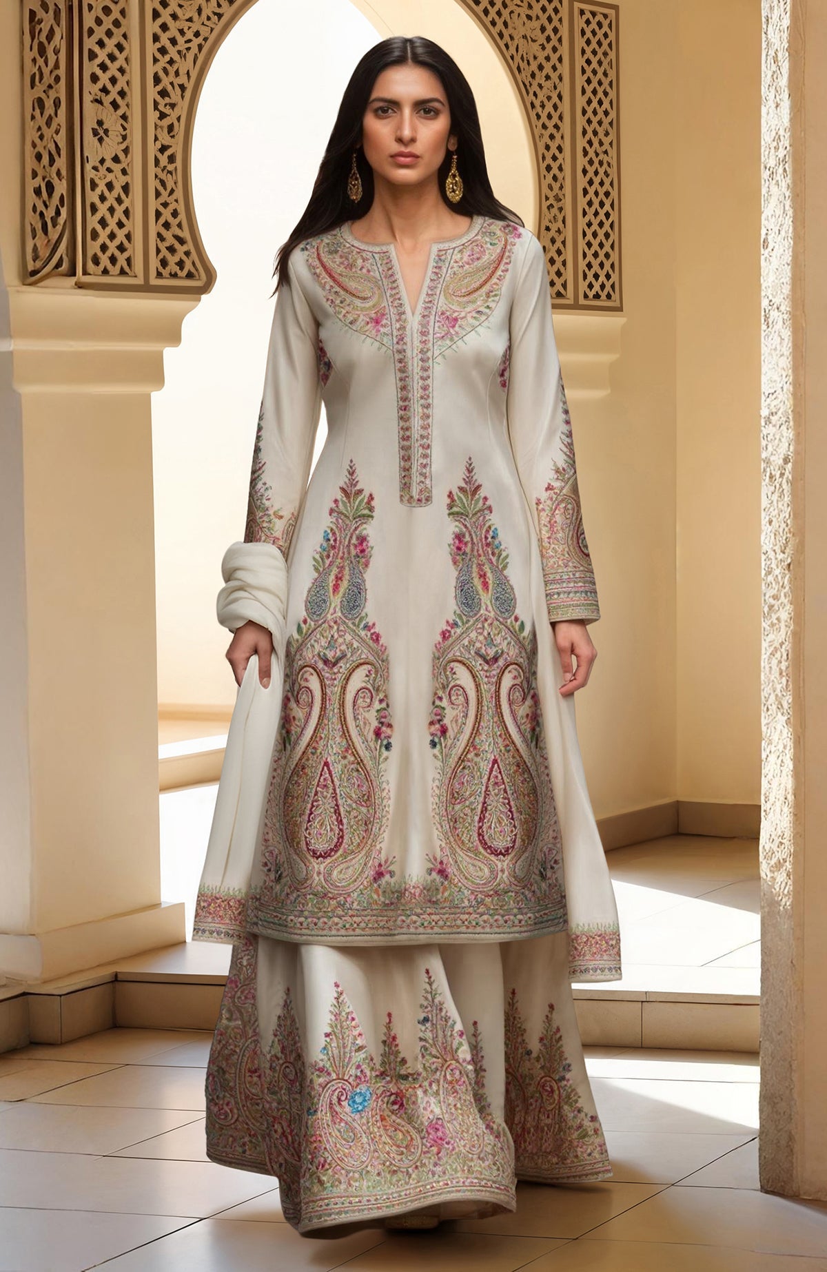 A long ivory embroidered kurta with a matching lehenga-style skirt and dupatta featuring paisley motifs.