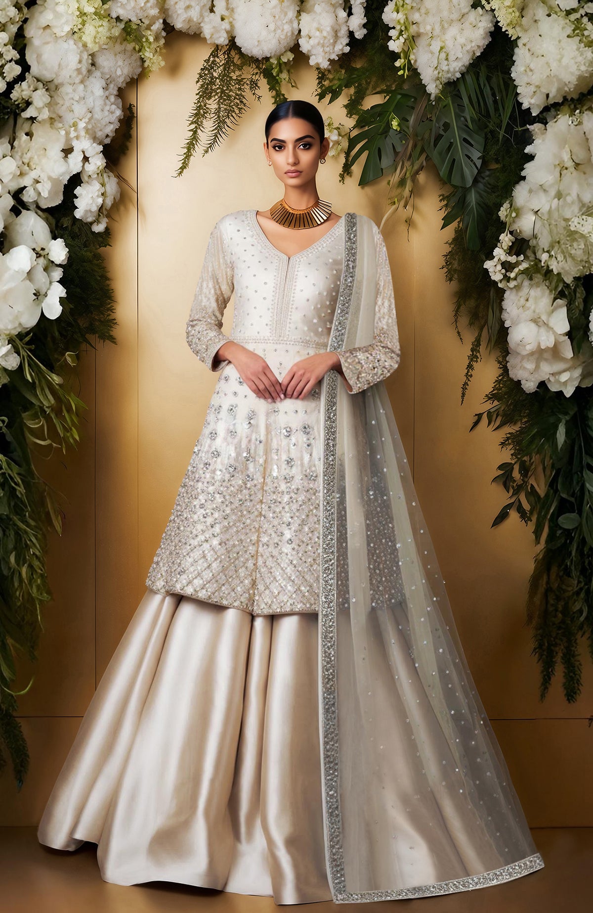 Blush pink skirt set with bead and crystal embroidery, full sleeves, V-neck, and sheer dupatta.