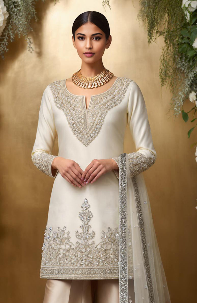 Ivory sharara set with silver bead and crystal embroidery on kurta, sharara, and dupatta.