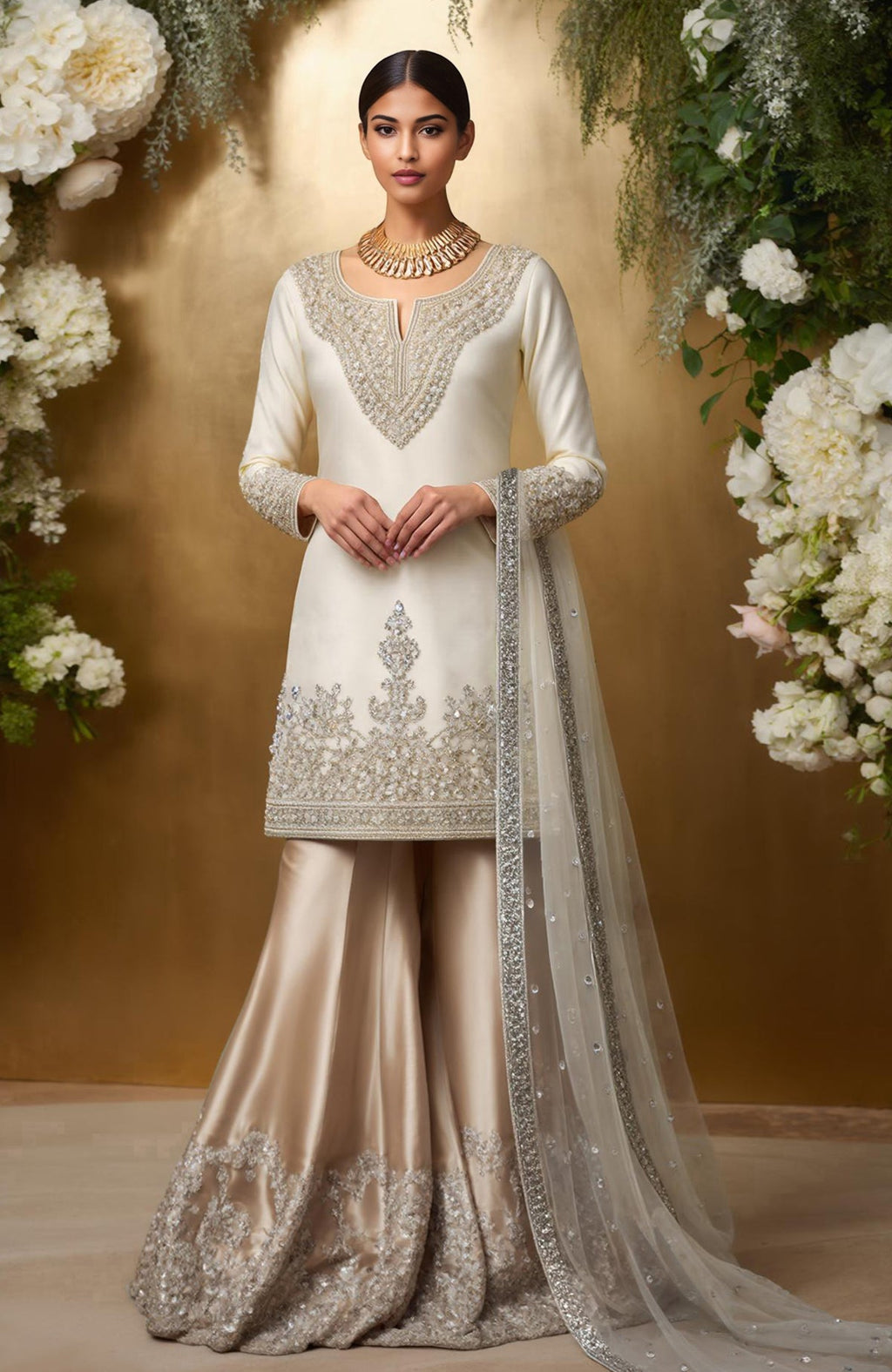 Ivory sharara set with silver bead and crystal embroidery on kurta, flared pants, and dupatta.