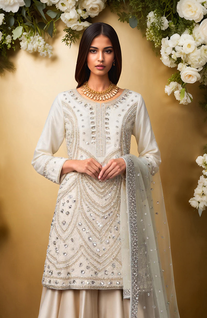 Ivory sharara set with bead and crystal embroidery, silver embellishments, and sheer dupatta.