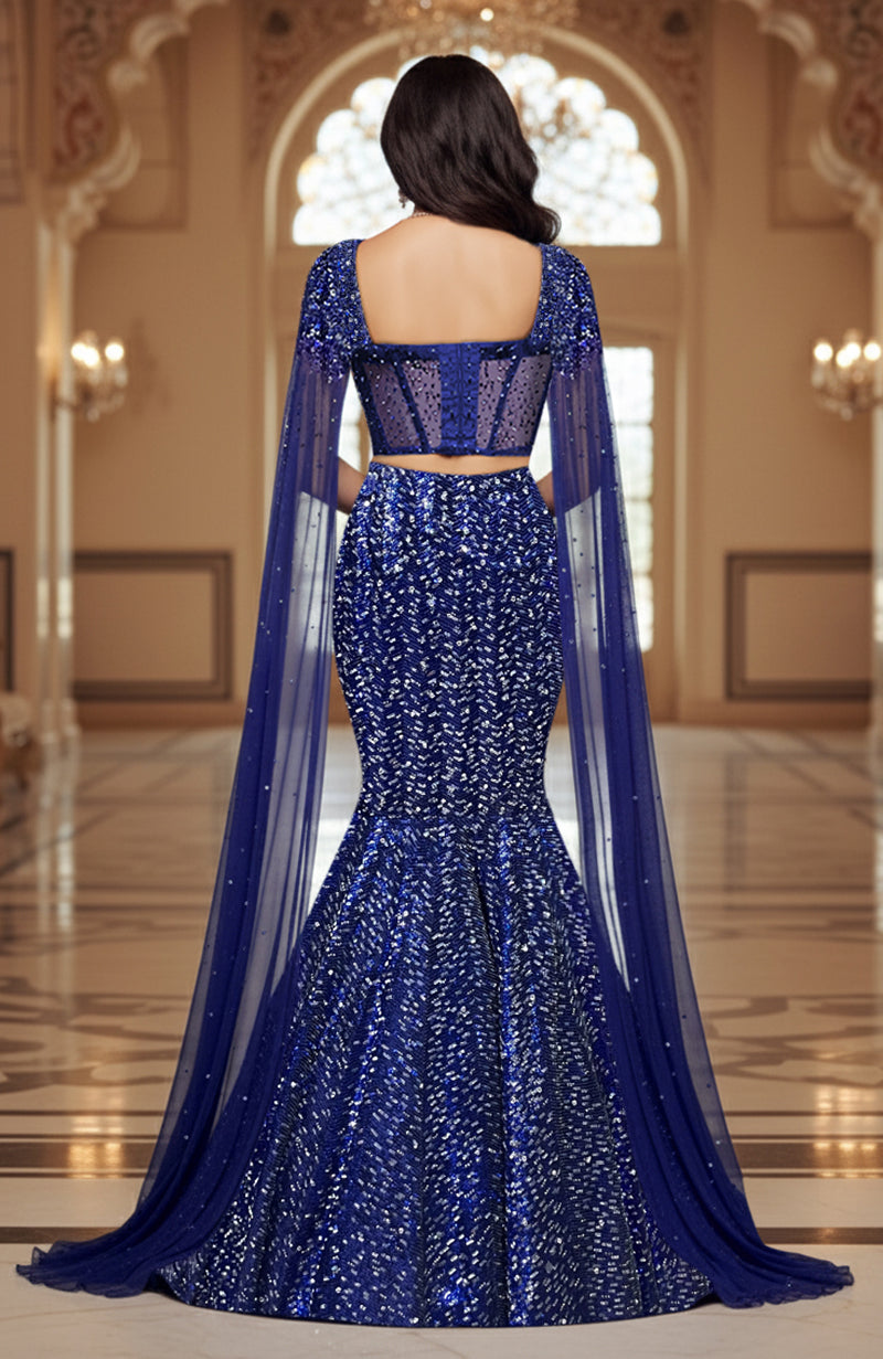 Blue embroidered sequin corset blouse with mermaid lehenga and flowing cape in sapphire hue