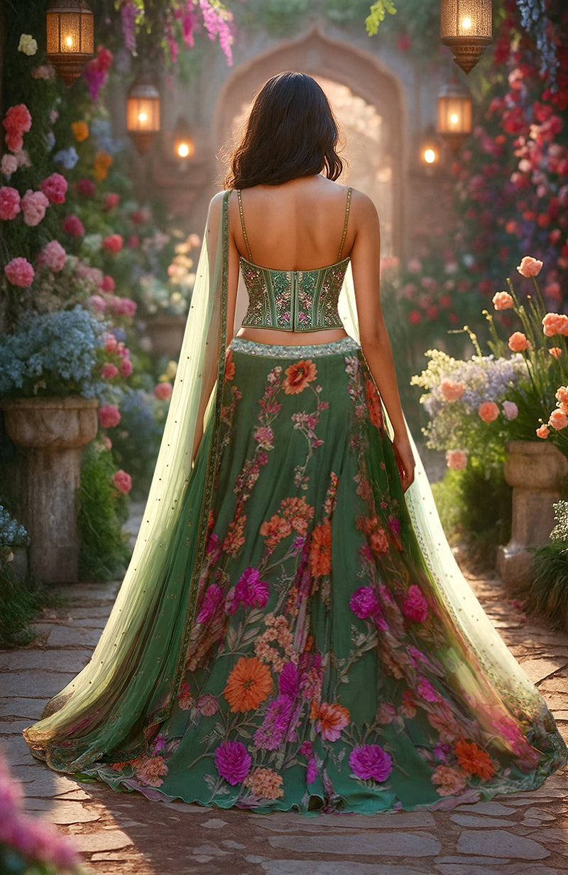 Forest green floral corset lehenga set with embroidered blouse, voluminous skirt, and sheer dupatta.