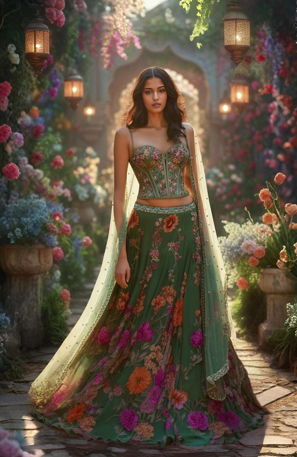 Forest green floral corset lehenga set with embroidered blouse and sheer dupatta with gold accents